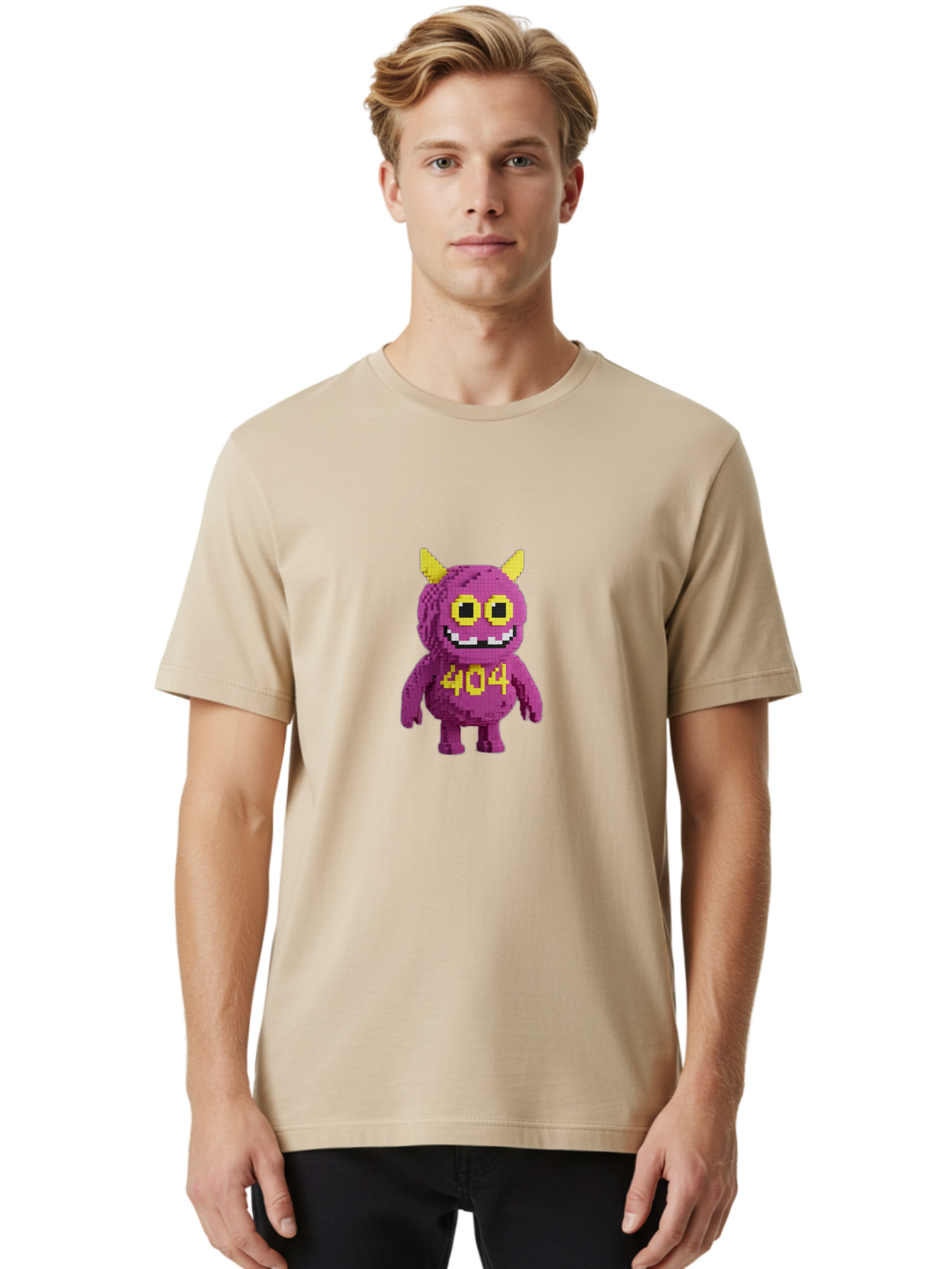 404-Monster-4 Men'S Graphic Tee, 100% Cotton, Comfortable Casual Summer Wear, Machine Washable, Pixel Art Monster, Purple Creature, Yellow Horns, 404 Error, Cartoon Character, Funny Design, Web Error Icon, Cute Pixel Monster, Digital Art, Baa101 14