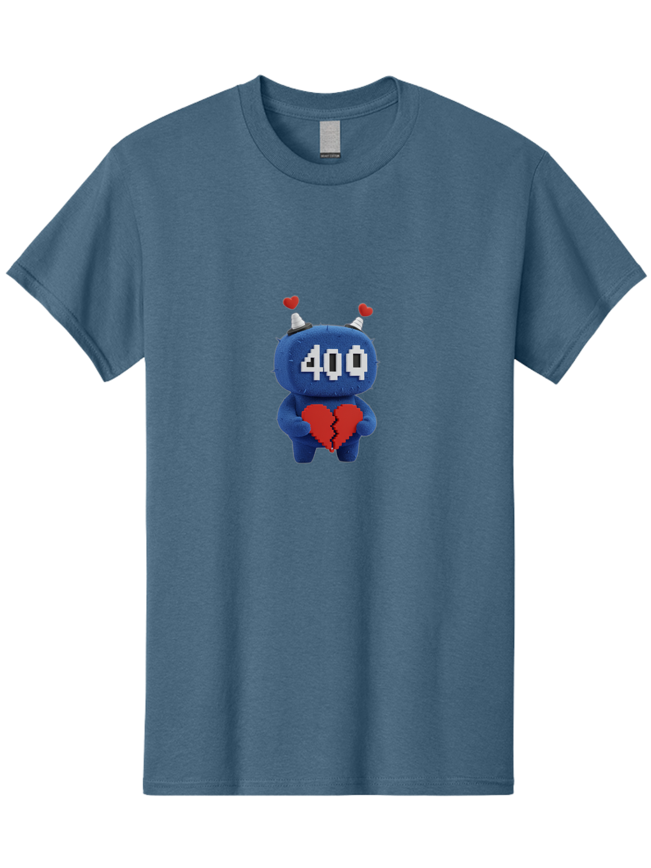 404-Monster Men'S Graphic Tee, 100% Cotton, Comfortable Casual Summer Wear, Machine Washable, Broken Red Heart, Blue Creature, 400 Displayed On Face, Pixelated Eyes, White Horns, Cute Character, Digital Illustration, Pixel Art, Heartbreak, Baa102 21