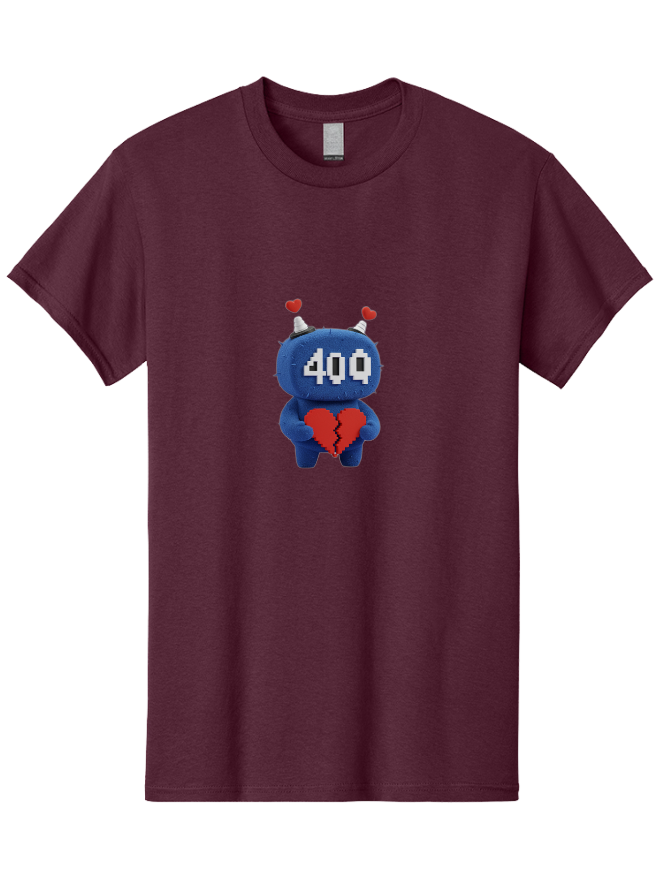 404-Monster Men'S Graphic Tee, 100% Cotton, Comfortable Casual Summer Wear, Machine Washable, Broken Red Heart, Blue Creature, 400 Displayed On Face, Pixelated Eyes, White Horns, Cute Character, Digital Illustration, Pixel Art, Heartbreak, Baa102 9