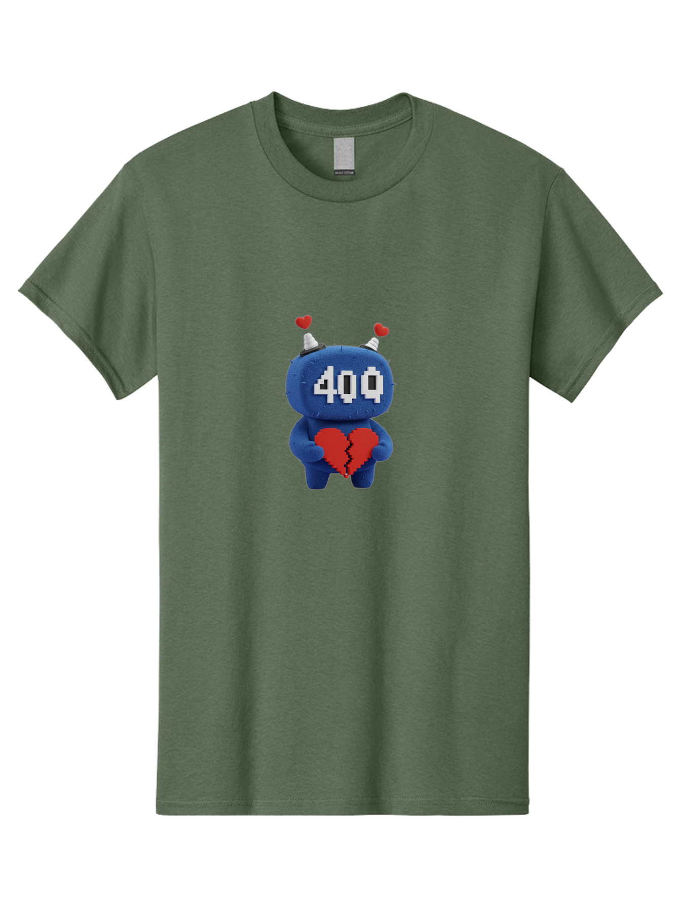 404-Monster Men'S Graphic Tee, 100% Cotton, Comfortable Casual Summer Wear, Machine Washable, Broken Red Heart, Blue Creature, 400 Displayed On Face, Pixelated Eyes, White Horns, Cute Character, Digital Illustration, Pixel Art, Heartbreak, Baa102 5