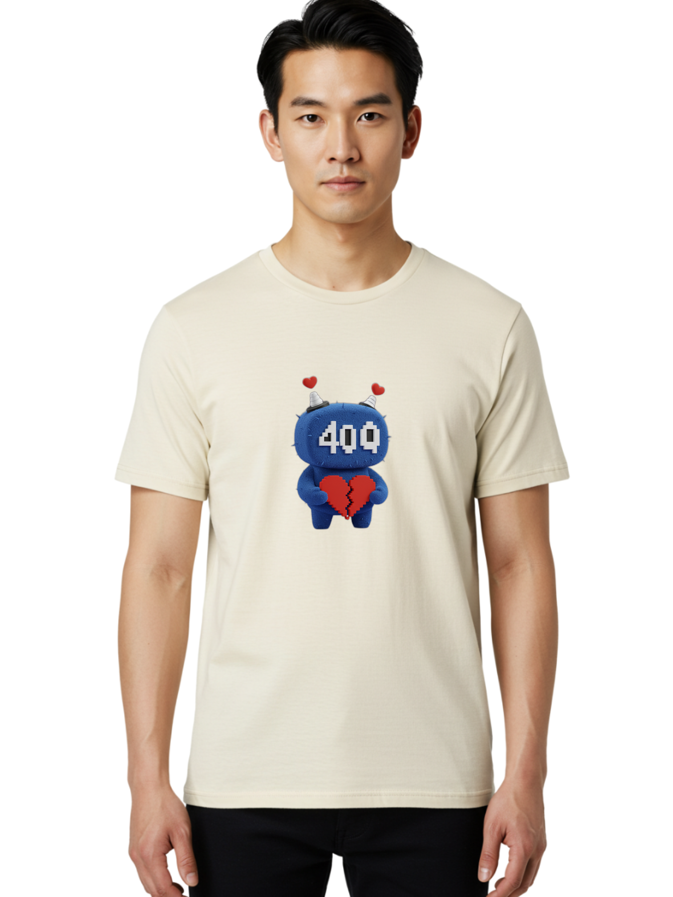 404-Monster Men'S Graphic Tee, 100% Cotton, Comfortable Casual Summer Wear, Machine Washable, Broken Red Heart, Blue Creature, 400 Displayed On Face, Pixelated Eyes, White Horns, Cute Character, Digital Illustration, Pixel Art, Heartbreak, Baa102 14