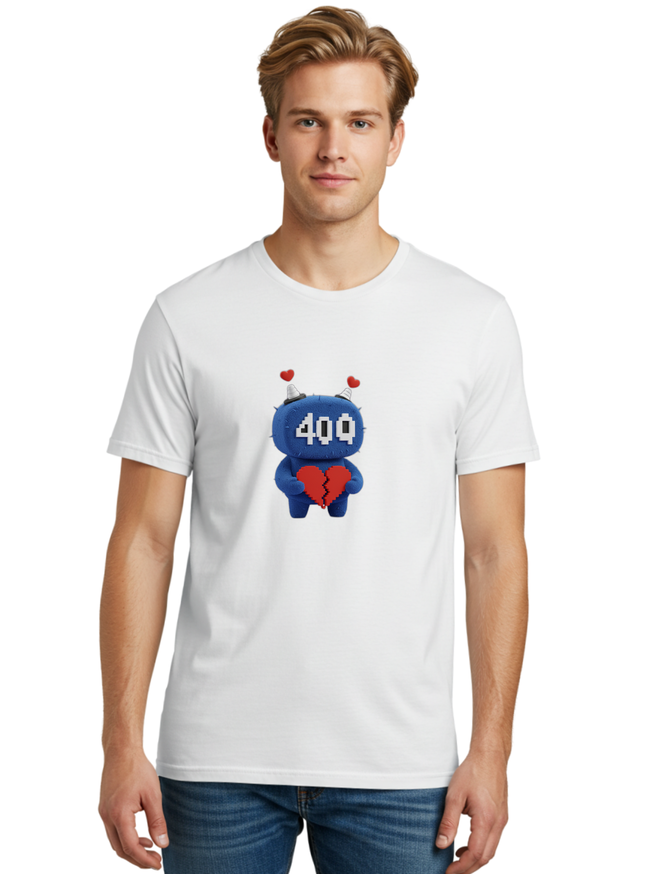 404-Monster Men'S Graphic Tee, 100% Cotton, Comfortable Casual Summer Wear, Machine Washable, Broken Red Heart, Blue Creature, 400 Displayed On Face, Pixelated Eyes, White Horns, Cute Character, Digital Illustration, Pixel Art, Heartbreak, Baa102 12