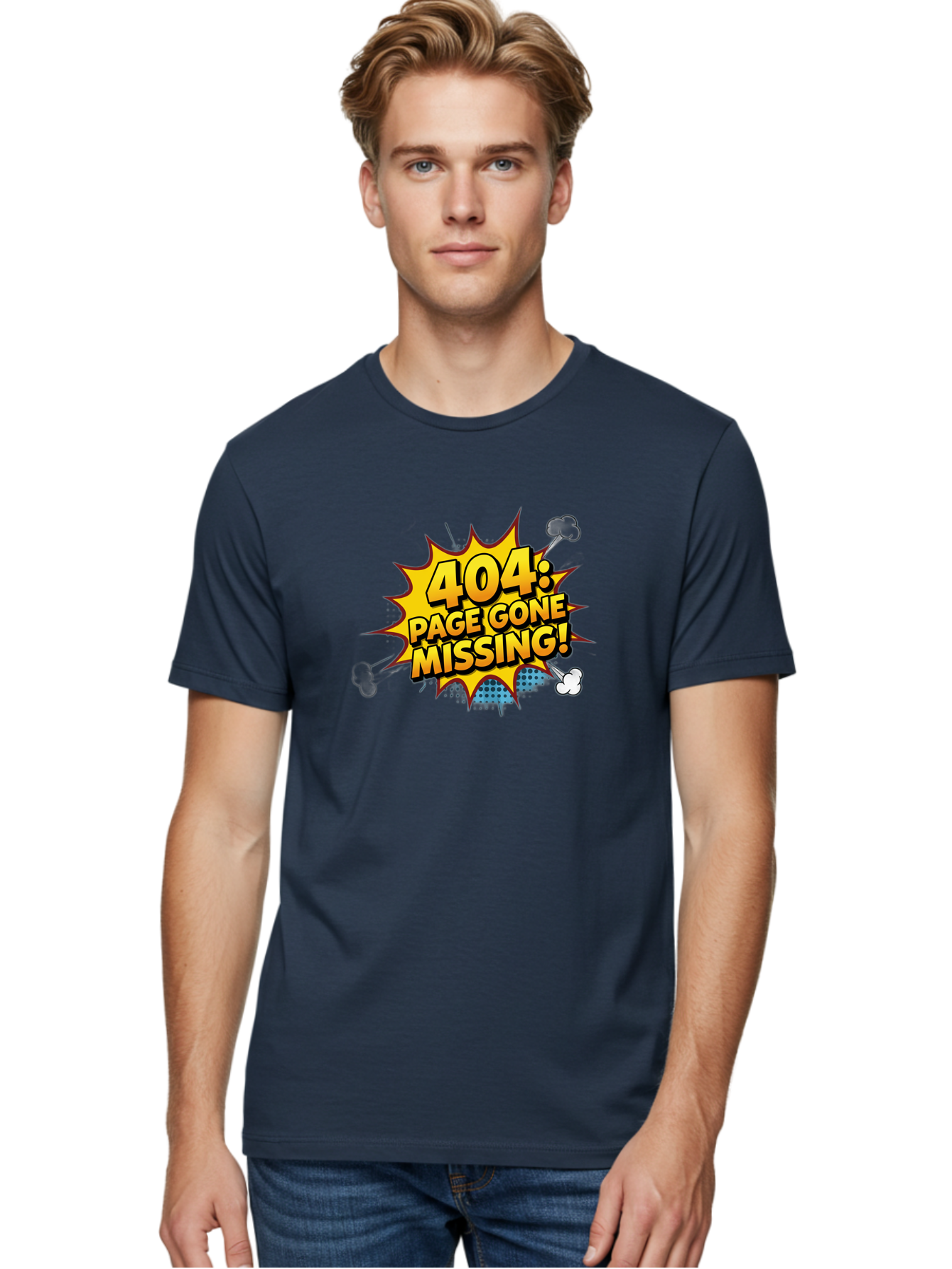 404-Page-Gone-Missing Men'S Graphic Tee, 100% Cotton, Comfortable Casual Summer Wear, Machine Washable, 404 Error Message, Page Not Found, Missing Page, Cartoon-Style Comic, Yellow And Blue Graphics, Funny Illustrations, Humorous Tone, Baa104 2