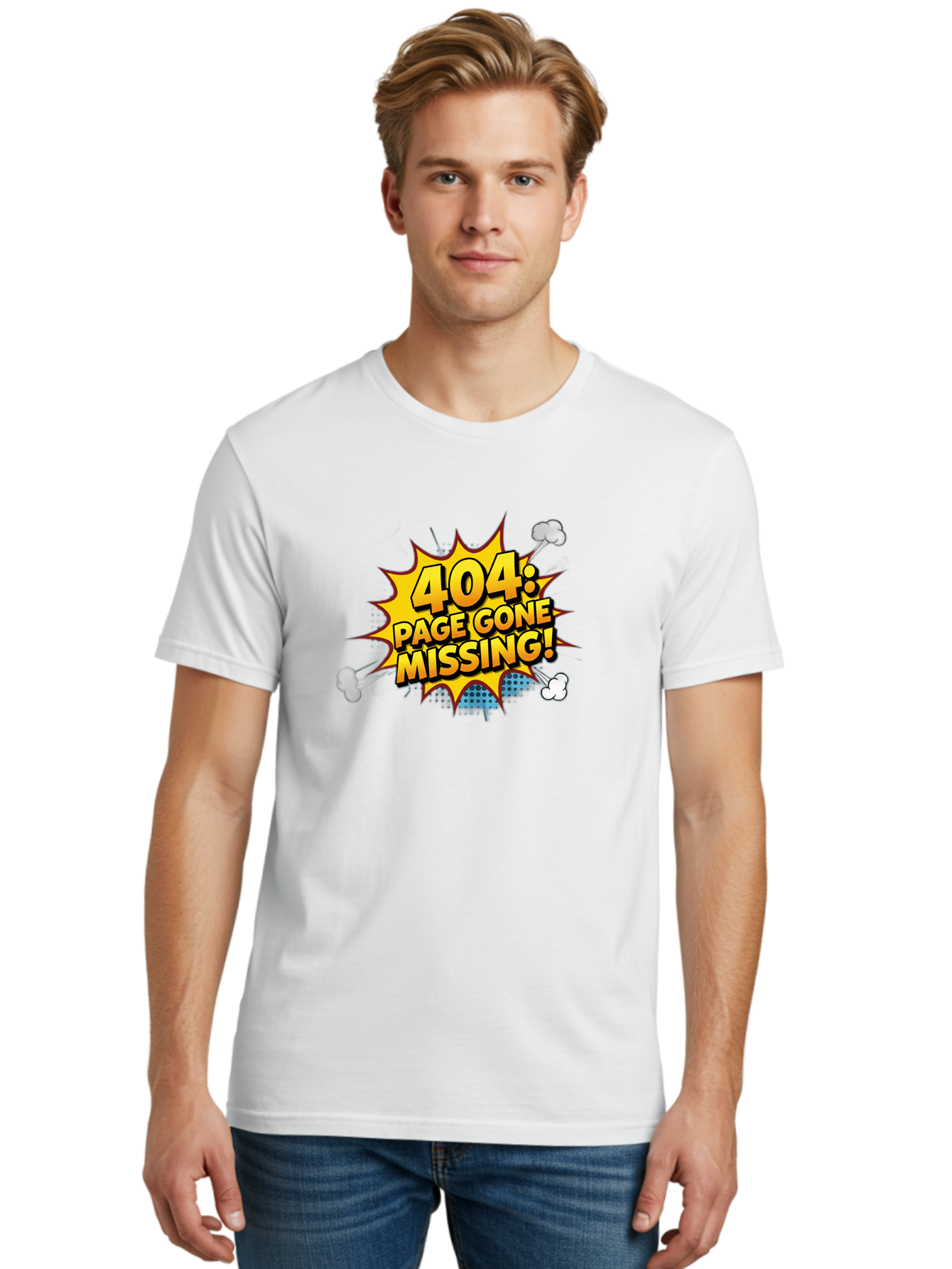 404-Page-Gone-Missing Men'S Graphic Tee, 100% Cotton, Comfortable Casual Summer Wear, Machine Washable, 404 Error Message, Page Not Found, Missing Page, Cartoon-Style Comic, Yellow And Blue Graphics, Funny Illustrations, Humorous Tone, Baa104 8