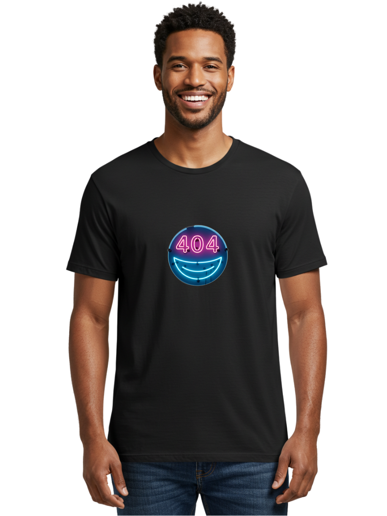 404-Smile Men'S Graphic Tee, 100% Cotton, Comfortable Casual Summer Wear, Machine Washable, Neon Smiley Face, 404 Error Message, Error Page, Pink Neon Numbers, Blue Neon Smile, Funny Error, Website Error, Glitch, Tech Humor, Cyber Smile, Baa109 10