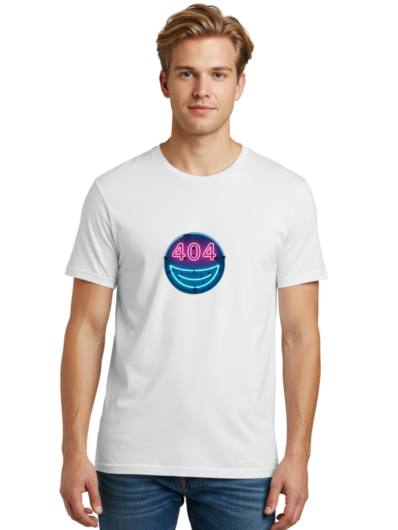 404-Smile Men'S Graphic Tee, 100% Cotton, Comfortable Casual Summer Wear, Machine Washable, Neon Smiley Face, 404 Error Message, Error Page, Pink Neon Numbers, Blue Neon Smile, Funny Error, Website Error, Glitch, Tech Humor, Cyber Smile, Baa109 16