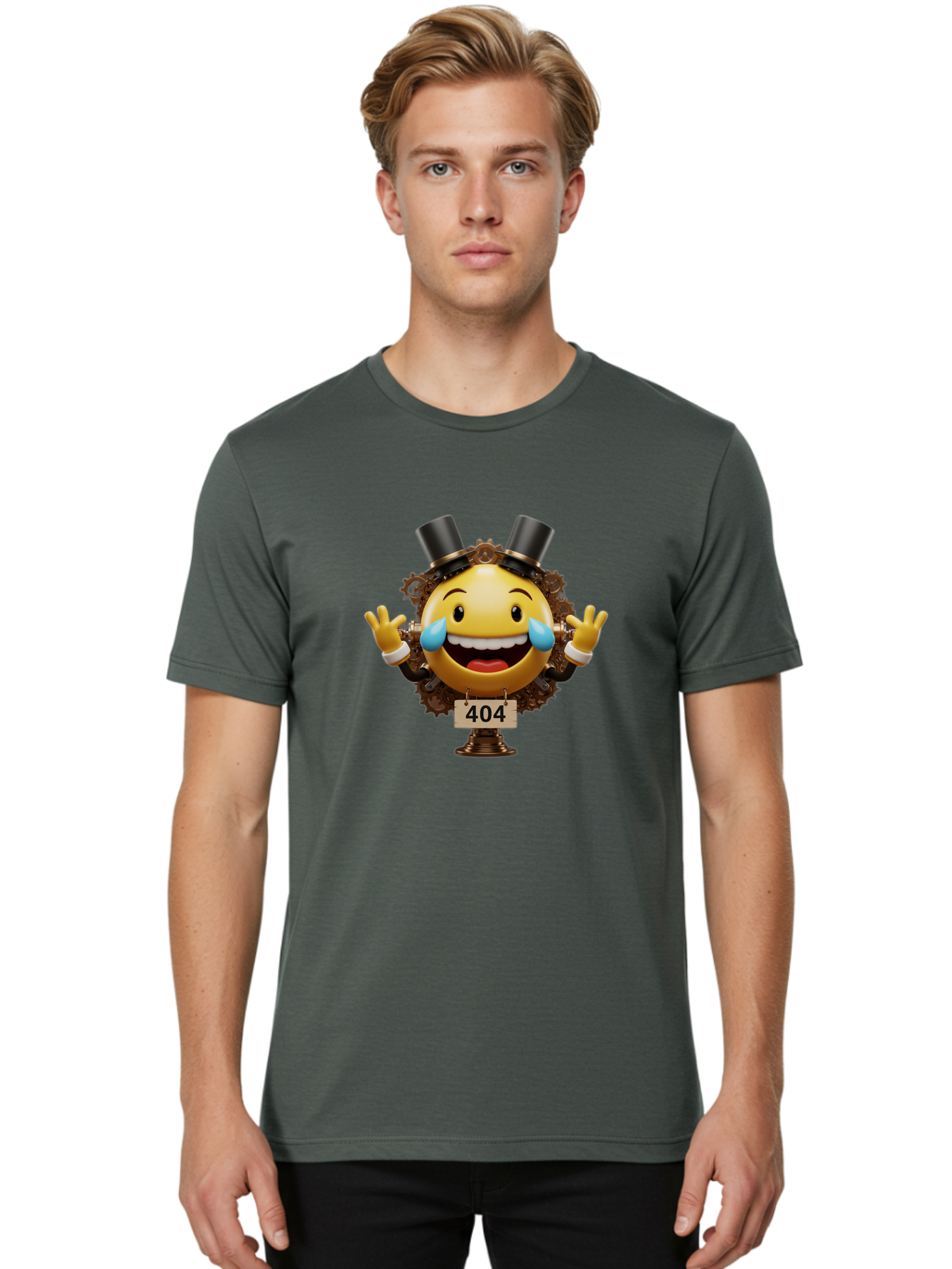 404-Steampunk-Emoji Men'S Graphic Tee, 100% Cotton, Comfortable Casual Summer Wear, Machine Washable, Steampunk Emoji, Laughing Crying Face, 404 Error Page, Steam Engine Gears, Top Hats, Quirky Design, Comical Illustration, Humorous Art, Baa110 12
