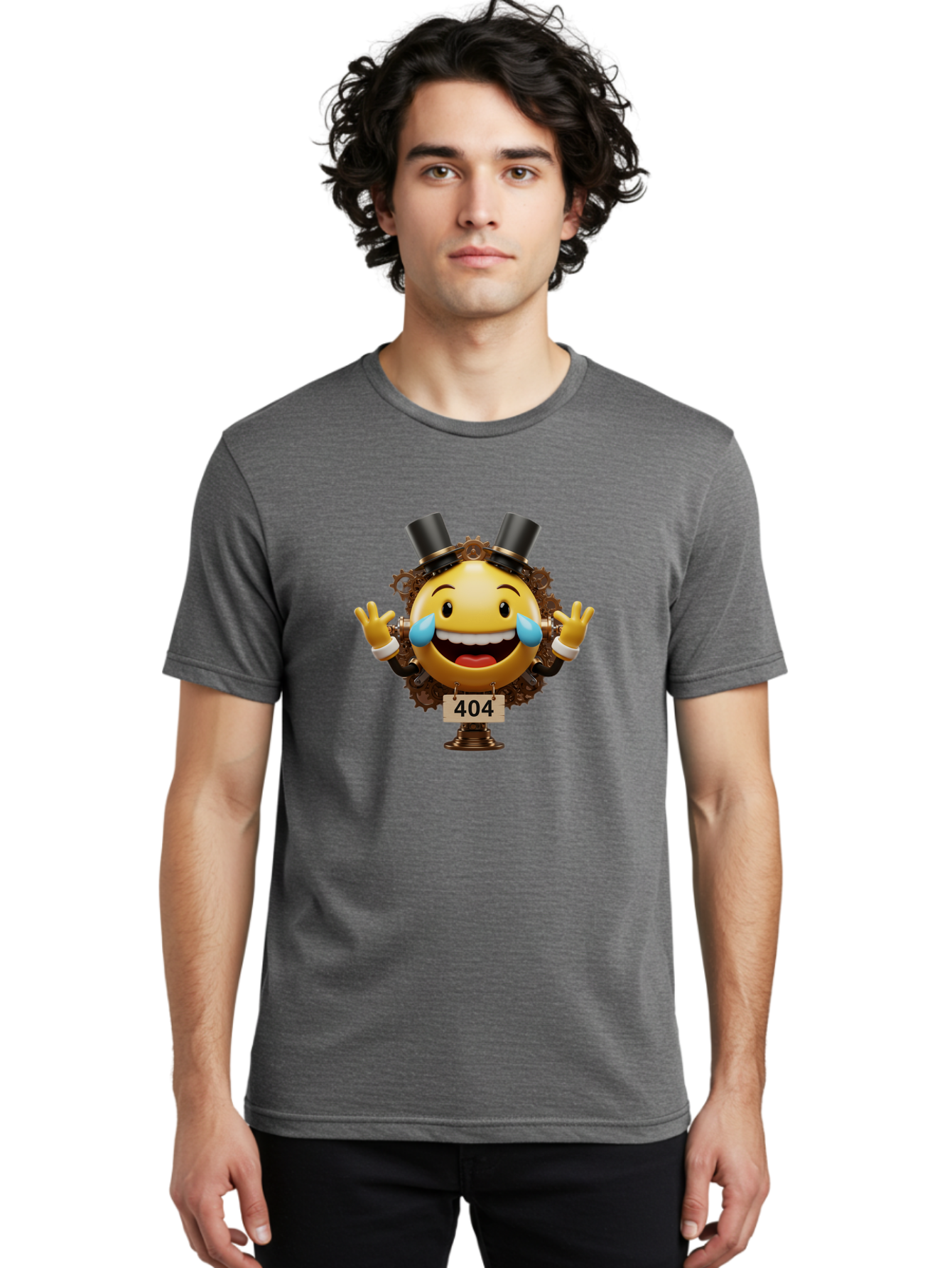 404-Steampunk-Emoji Men'S Graphic Tee, 100% Cotton, Comfortable Casual Summer Wear, Machine Washable, Steampunk Emoji, Laughing Crying Face, 404 Error Page, Steam Engine Gears, Top Hats, Quirky Design, Comical Illustration, Humorous Art, Baa110 26