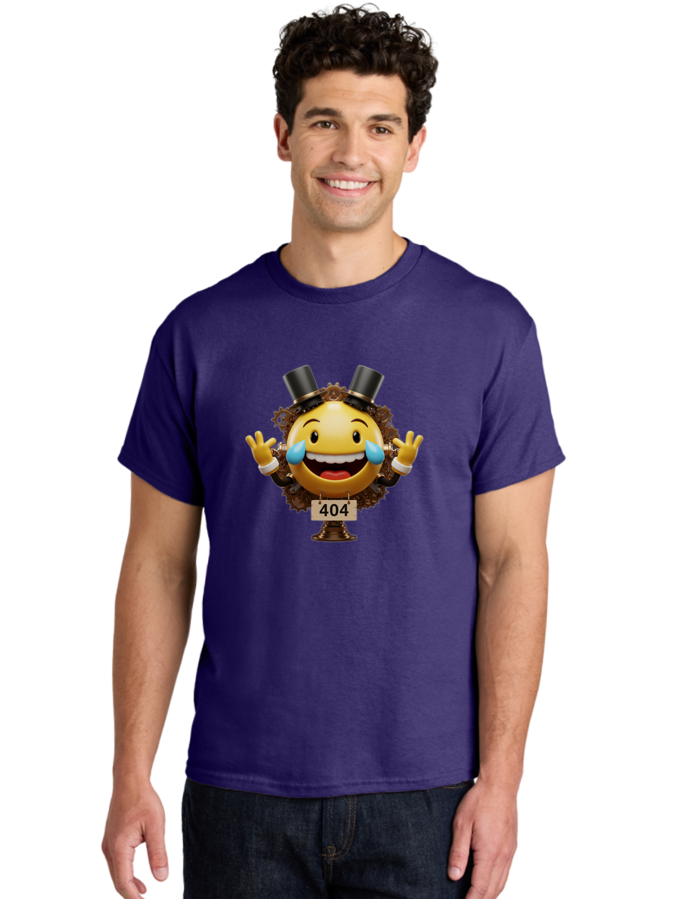 404-Steampunk-Emoji Men'S Graphic Tee, 100% Cotton, Comfortable Casual Summer Wear, Machine Washable, Steampunk Emoji, Laughing Crying Face, 404 Error Page, Steam Engine Gears, Top Hats, Quirky Design, Comical Illustration, Humorous Art, Baa110 22