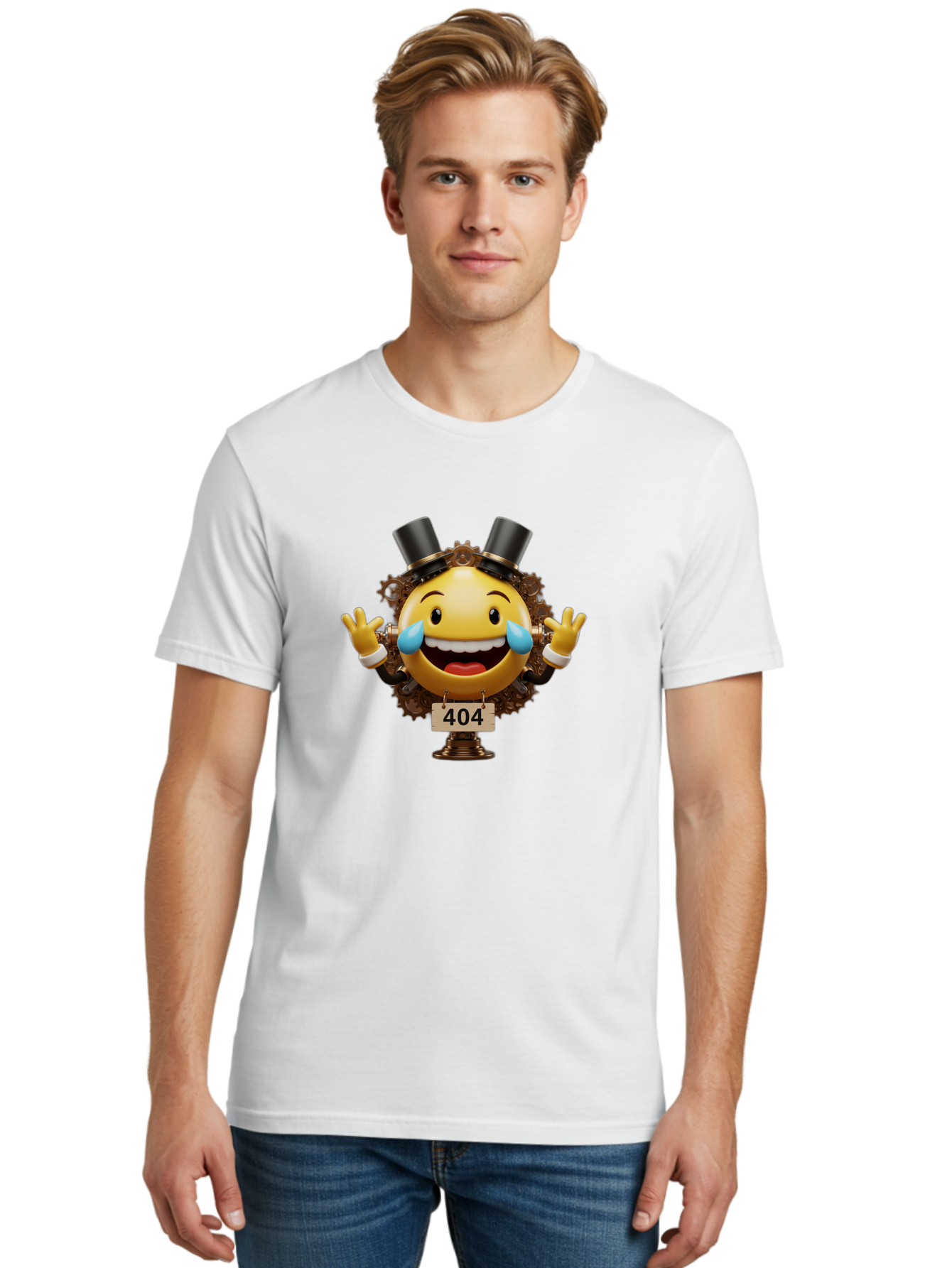 404-Steampunk-Emoji Men'S Graphic Tee, 100% Cotton, Comfortable Casual Summer Wear, Machine Washable, Steampunk Emoji, Laughing Crying Face, 404 Error Page, Steam Engine Gears, Top Hats, Quirky Design, Comical Illustration, Humorous Art, Baa110 20