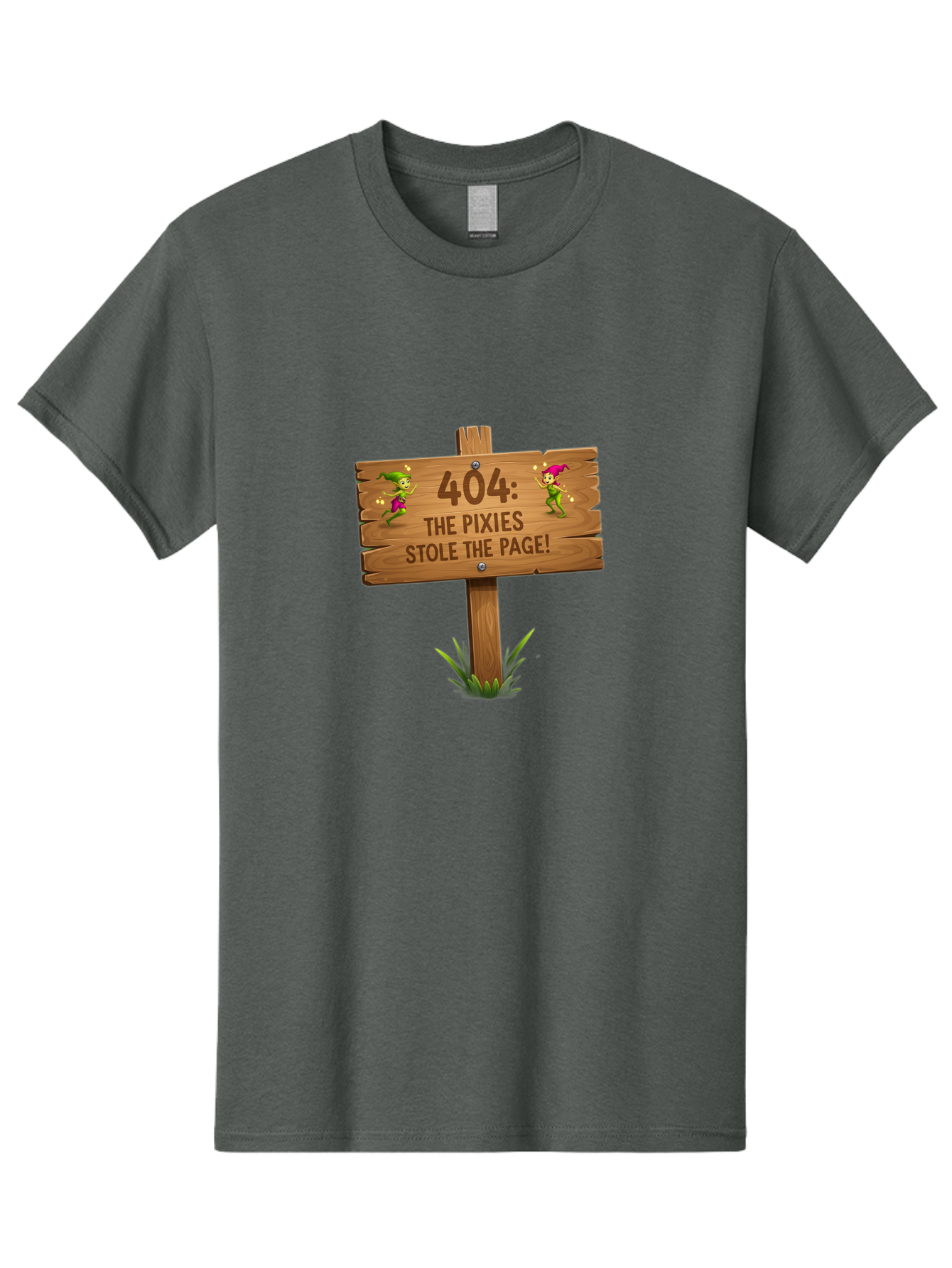 404-The-Pixies-Stole-The-Page Men'S Graphic Tee, 100% Cotton, Comfortable Casual Summer Wear, Machine Washable, Wooden Sign, Error 404, Mischievous Pixies, Lost Page, Playful Elves, Digital Mishaps, Website Errors, Fun, Mythical Creatures, Baa111 23