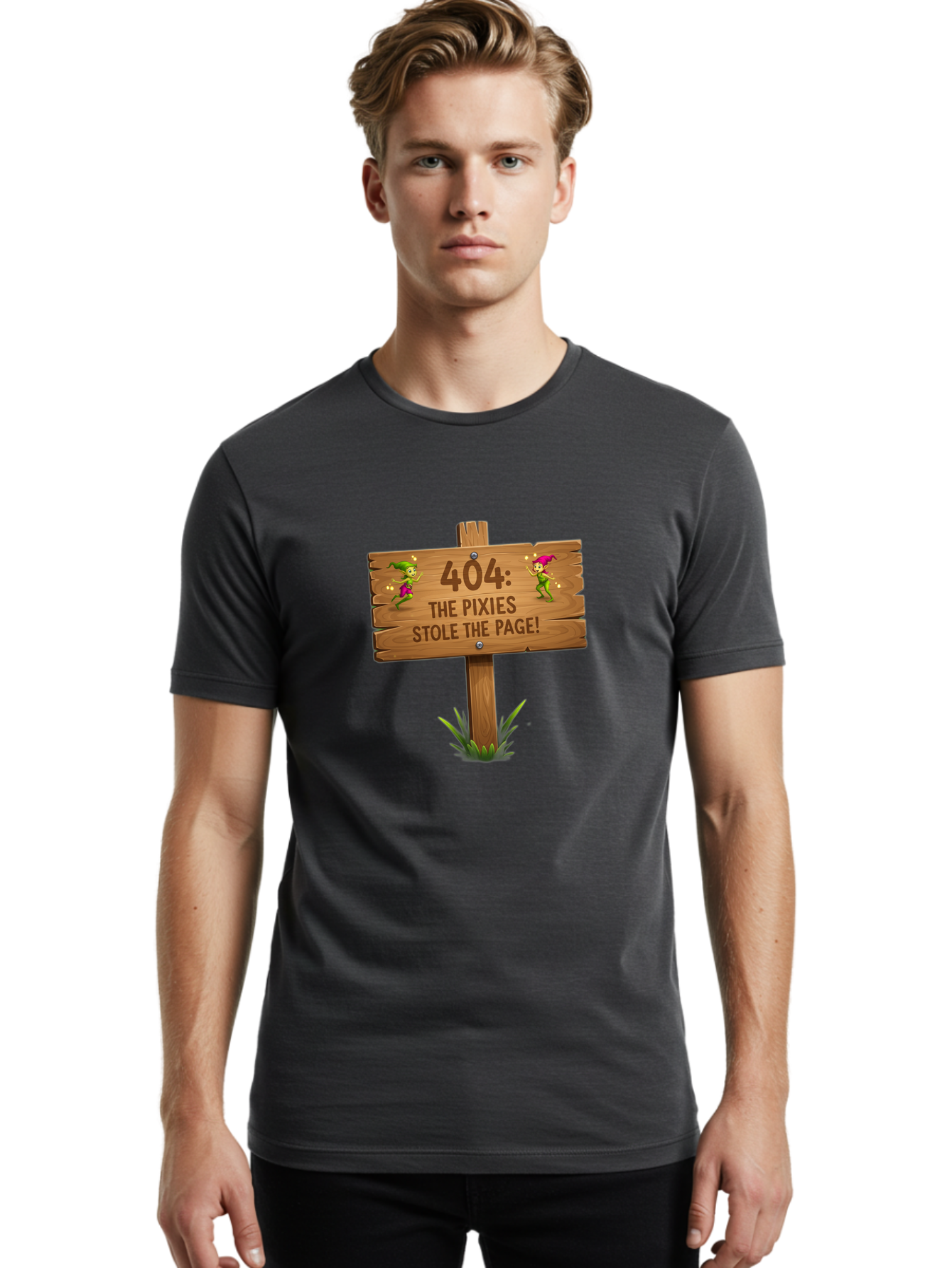 404-The-Pixies-Stole-The-Page Men'S Graphic Tee, 100% Cotton, Comfortable Casual Summer Wear, Machine Washable, Wooden Sign, Error 404, Mischievous Pixies, Lost Page, Playful Elves, Digital Mishaps, Website Errors, Fun, Mythical Creatures, Baa111 8