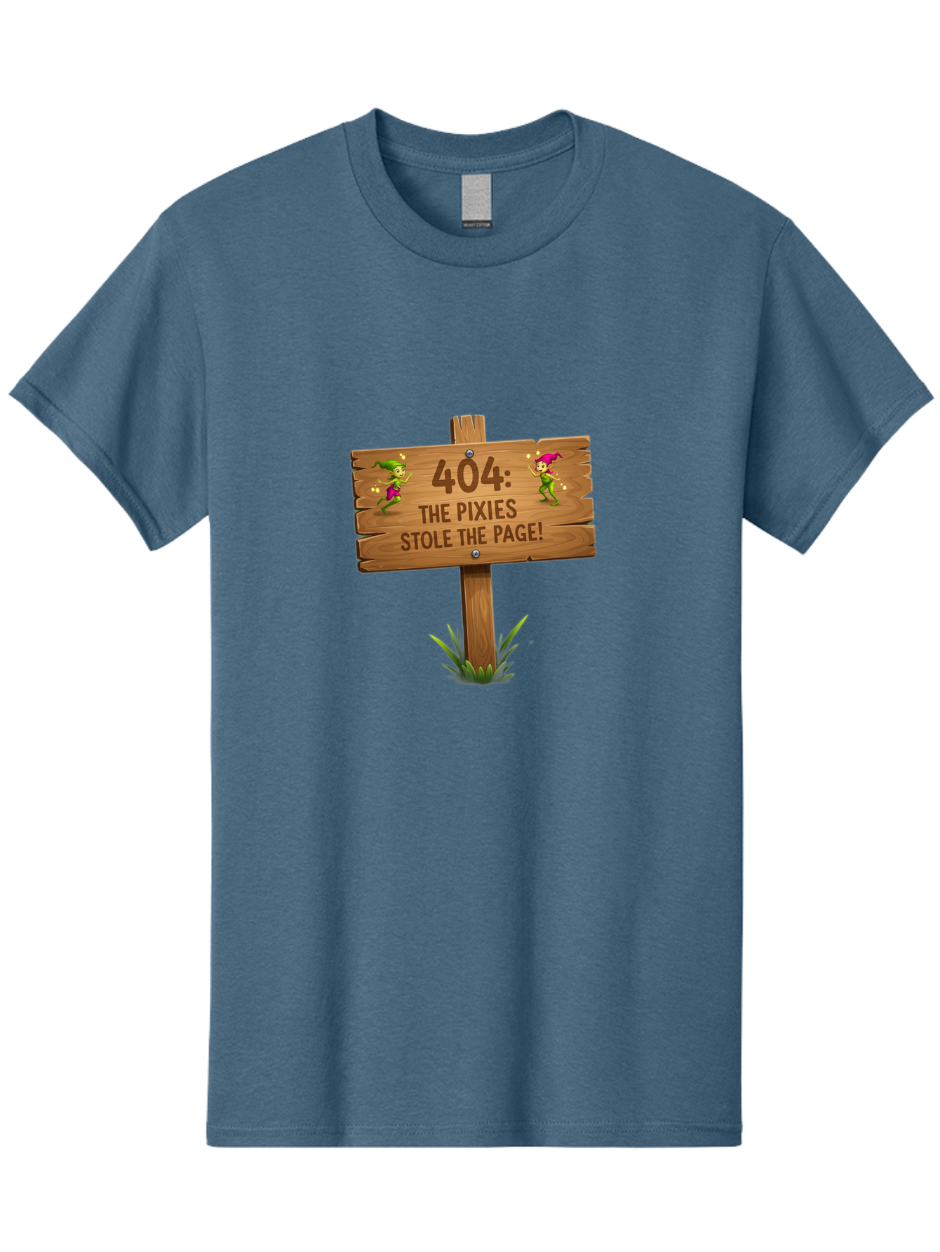 404-The-Pixies-Stole-The-Page Men'S Graphic Tee, 100% Cotton, Comfortable Casual Summer Wear, Machine Washable, Wooden Sign, Error 404, Mischievous Pixies, Lost Page, Playful Elves, Digital Mishaps, Website Errors, Fun, Mythical Creatures, Baa111 19