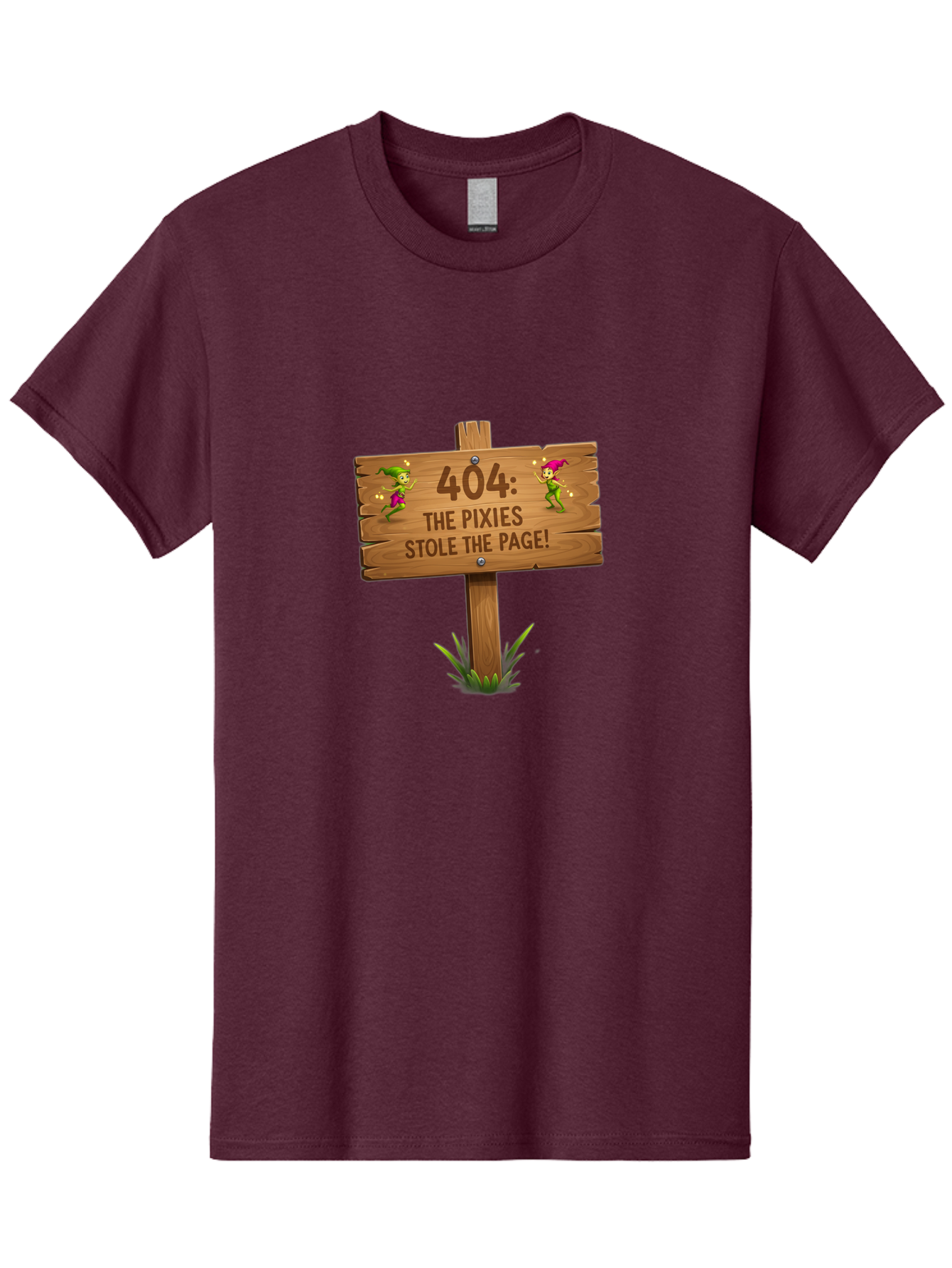 404-The-Pixies-Stole-The-Page Men'S Graphic Tee, 100% Cotton, Comfortable Casual Summer Wear, Machine Washable, Wooden Sign, Error 404, Mischievous Pixies, Lost Page, Playful Elves, Digital Mishaps, Website Errors, Fun, Mythical Creatures, Baa111 29