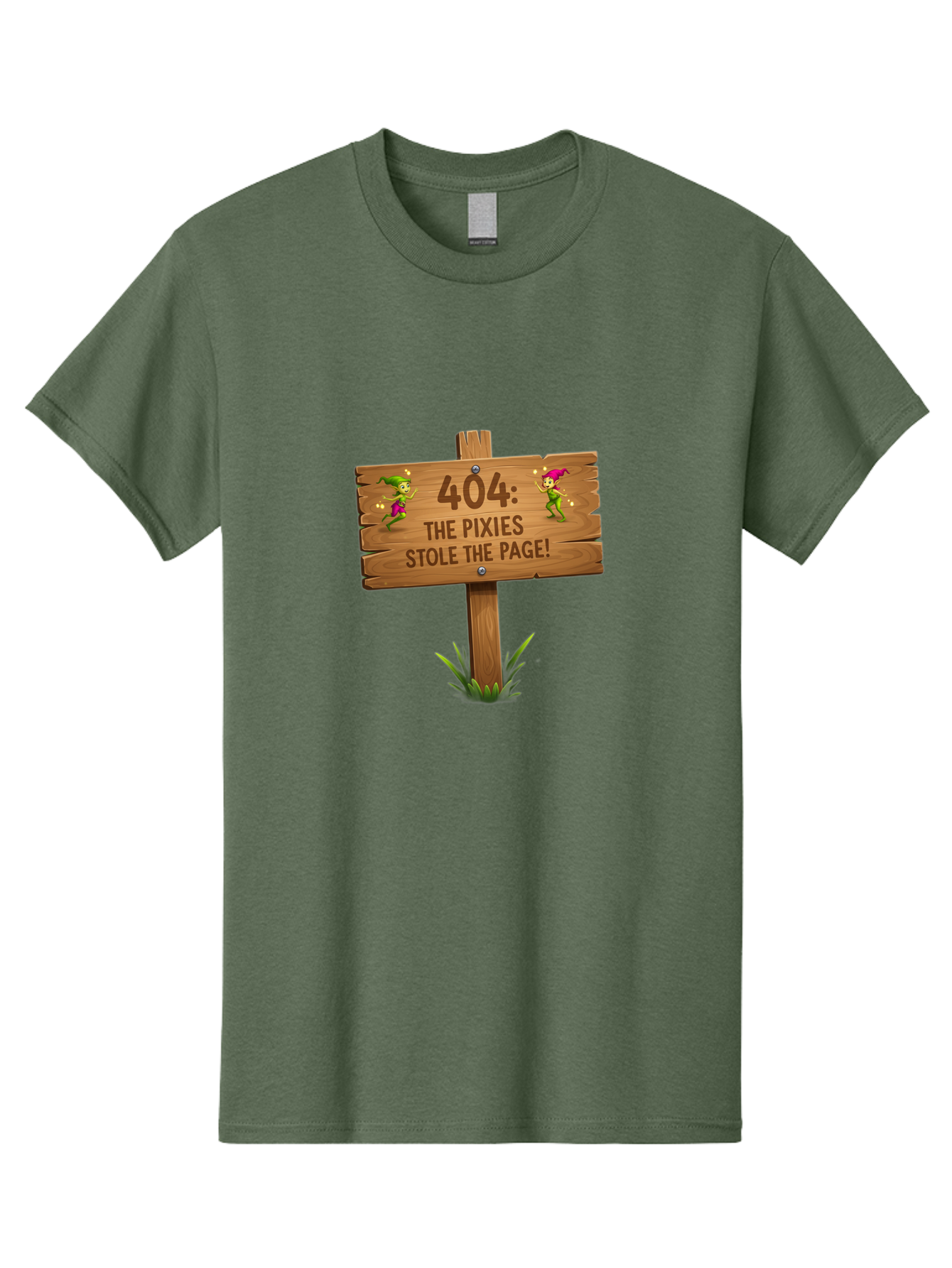 404-The-Pixies-Stole-The-Page Men'S Graphic Tee, 100% Cotton, Comfortable Casual Summer Wear, Machine Washable, Wooden Sign, Error 404, Mischievous Pixies, Lost Page, Playful Elves, Digital Mishaps, Website Errors, Fun, Mythical Creatures, Baa111 1