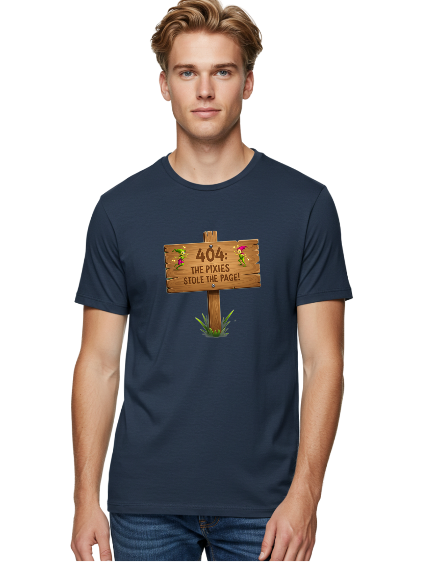 404-The-Pixies-Stole-The-Page Men'S Graphic Tee, 100% Cotton, Comfortable Casual Summer Wear, Machine Washable, Wooden Sign, Error 404, Mischievous Pixies, Lost Page, Playful Elves, Digital Mishaps, Website Errors, Fun, Mythical Creatures, Baa111 22
