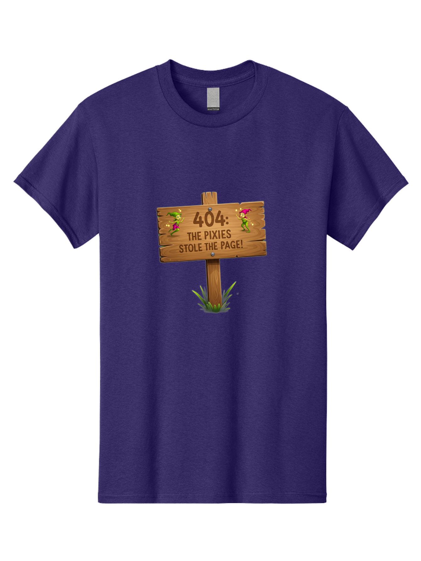 404-The-Pixies-Stole-The-Page Men'S Graphic Tee, 100% Cotton, Comfortable Casual Summer Wear, Machine Washable, Wooden Sign, Error 404, Mischievous Pixies, Lost Page, Playful Elves, Digital Mishaps, Website Errors, Fun, Mythical Creatures, Baa111 15
