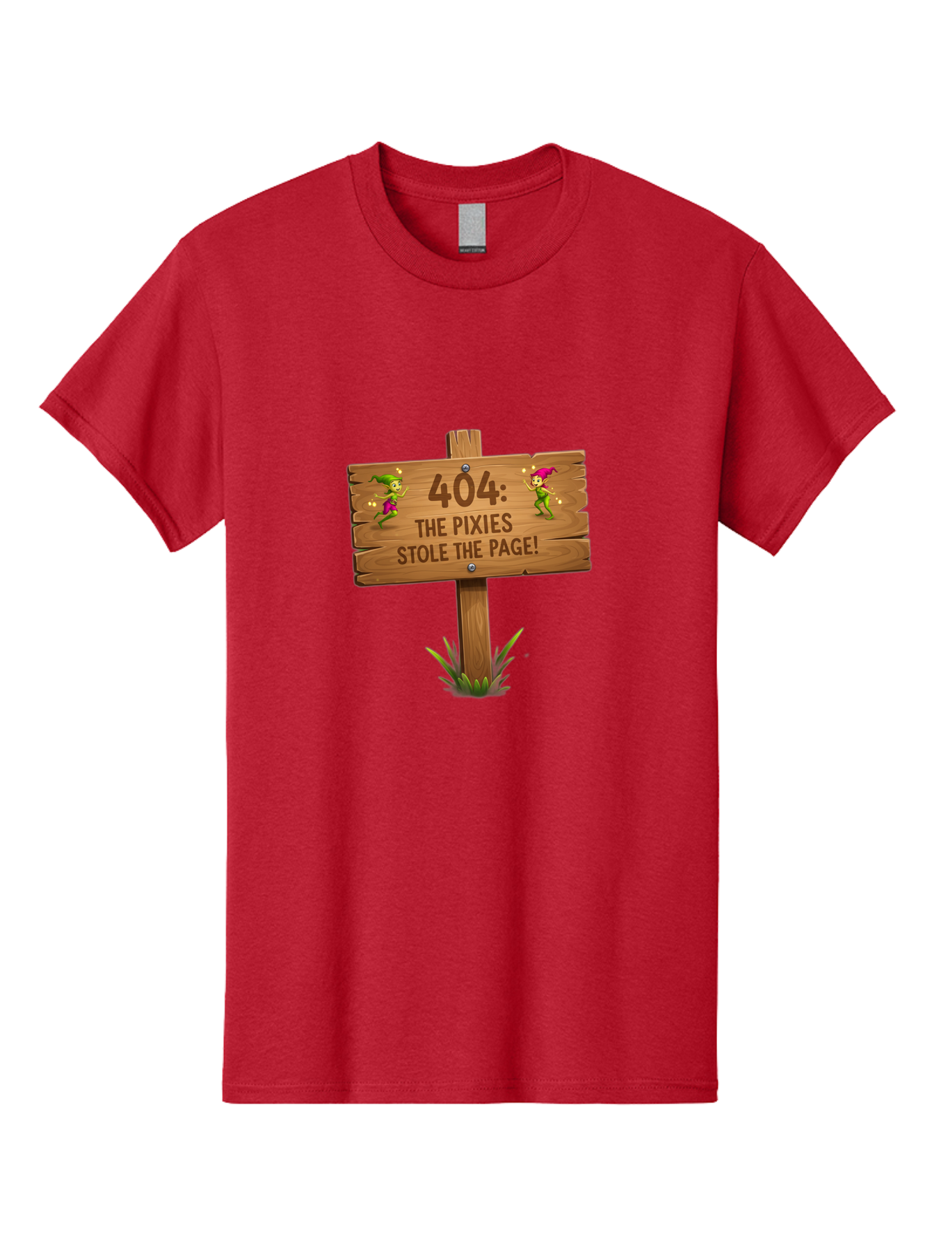 404-The-Pixies-Stole-The-Page Men'S Graphic Tee, 100% Cotton, Comfortable Casual Summer Wear, Machine Washable, Wooden Sign, Error 404, Mischievous Pixies, Lost Page, Playful Elves, Digital Mishaps, Website Errors, Fun, Mythical Creatures, Baa111 11
