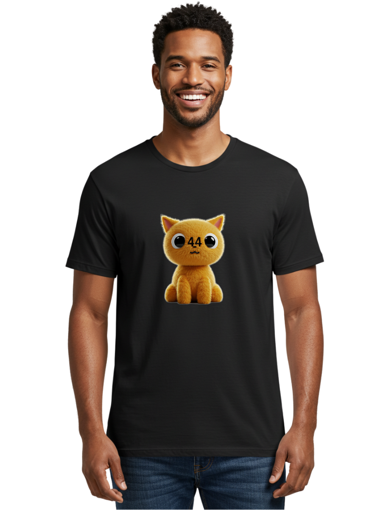 44 Men'S Graphic Tee, 100% Cotton, Comfortable Casual Summer Wear, Machine Washable, Cute Cartoon Cat, Funny Cat Design, Orange Cat Plush, Cartoonish Eyes, Adorable Facial Expression, Kawaii Character, Number 44 Design, Soft Toy Baa114 2