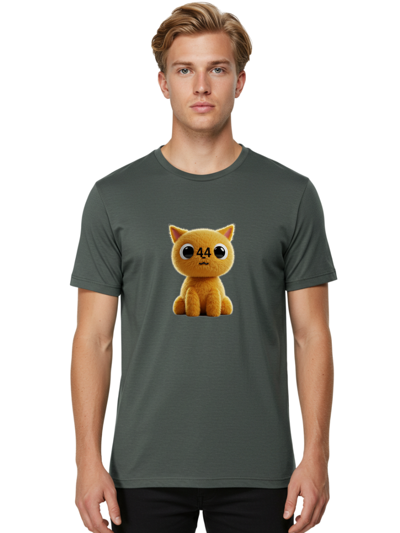 44 Men'S Graphic Tee, 100% Cotton, Comfortable Casual Summer Wear, Machine Washable, Cute Cartoon Cat, Funny Cat Design, Orange Cat Plush, Cartoonish Eyes, Adorable Facial Expression, Kawaii Character, Number 44 Design, Soft Toy Baa114 12