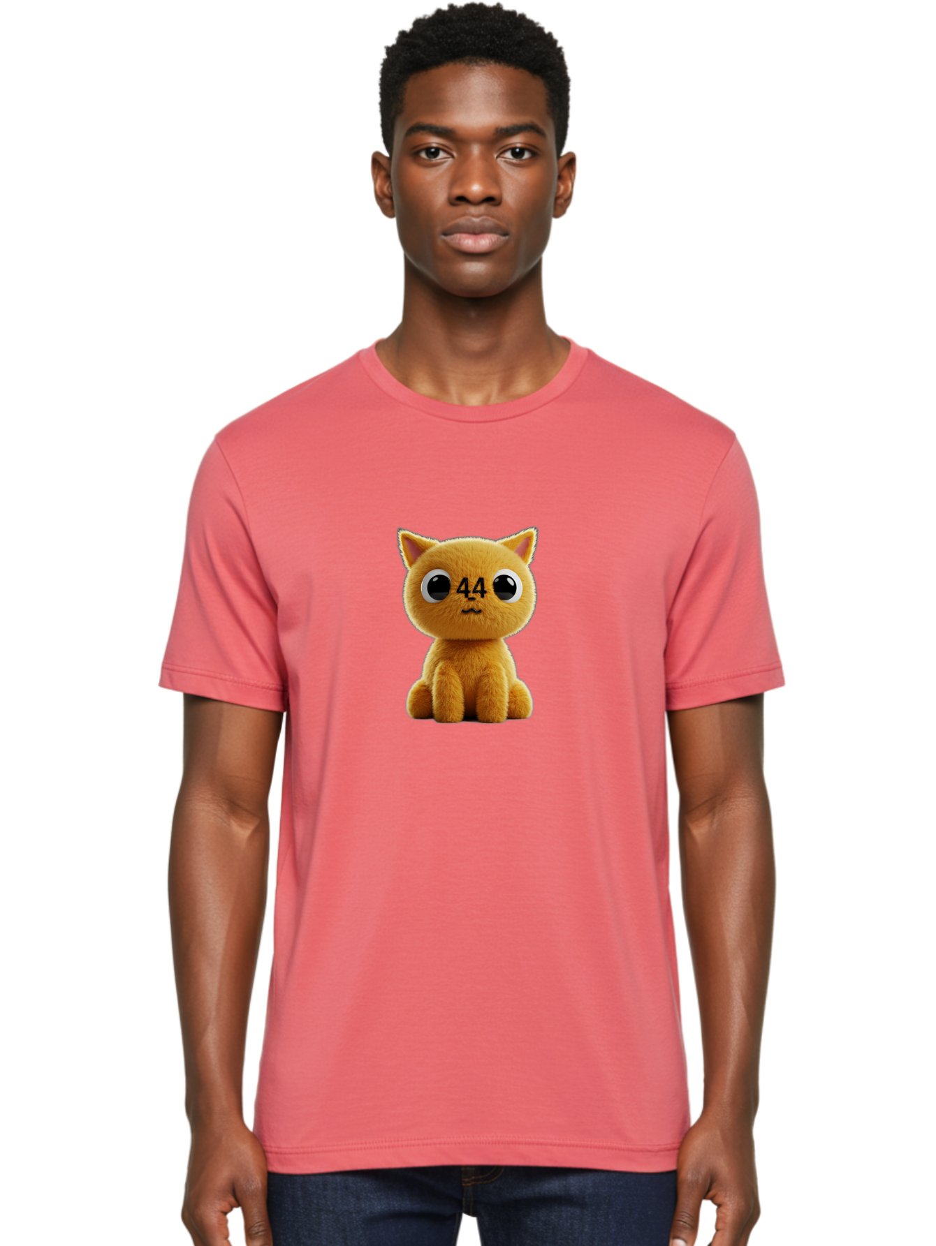 44 Men'S Graphic Tee, 100% Cotton, Comfortable Casual Summer Wear, Machine Washable, Cute Cartoon Cat, Funny Cat Design, Orange Cat Plush, Cartoonish Eyes, Adorable Facial Expression, Kawaii Character, Number 44 Design, Soft Toy Baa114 20