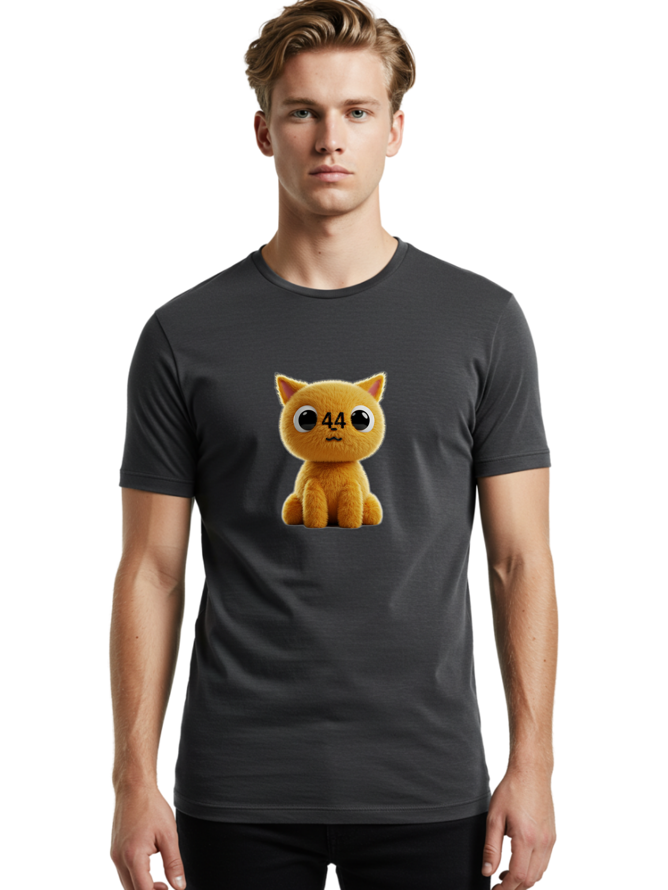 44 Men'S Graphic Tee, 100% Cotton, Comfortable Casual Summer Wear, Machine Washable, Cute Cartoon Cat, Funny Cat Design, Orange Cat Plush, Cartoonish Eyes, Adorable Facial Expression, Kawaii Character, Number 44 Design, Soft Toy Baa114 8