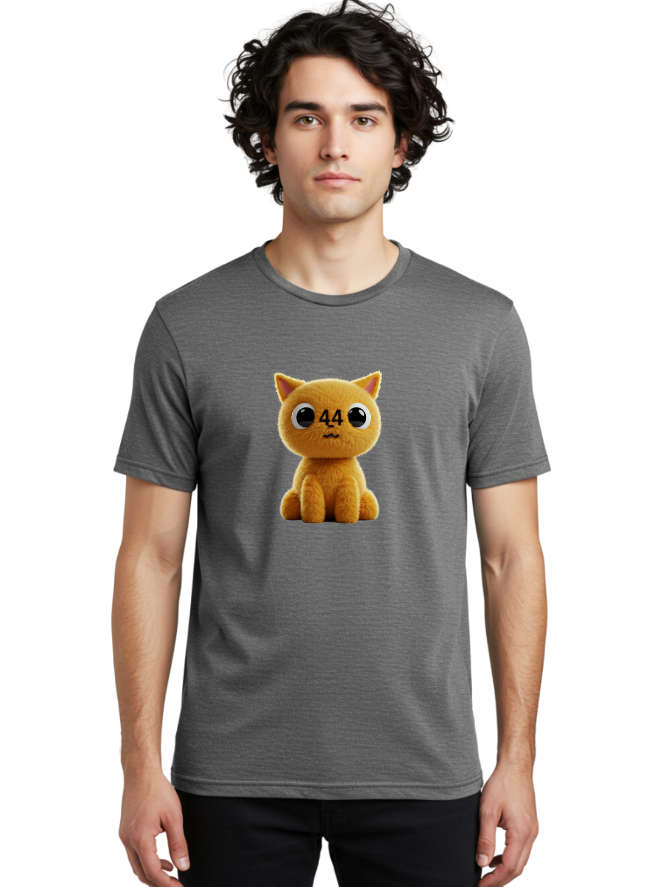 44 Men'S Graphic Tee, 100% Cotton, Comfortable Casual Summer Wear, Machine Washable, Cute Cartoon Cat, Funny Cat Design, Orange Cat Plush, Cartoonish Eyes, Adorable Facial Expression, Kawaii Character, Number 44 Design, Soft Toy Baa114 4