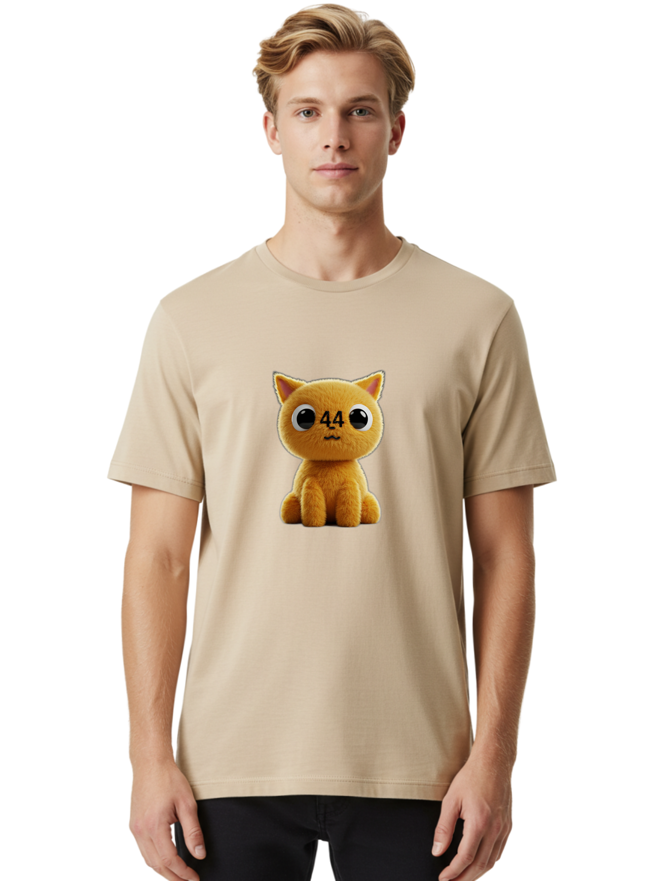 44 Men'S Graphic Tee, 100% Cotton, Comfortable Casual Summer Wear, Machine Washable, Cute Cartoon Cat, Funny Cat Design, Orange Cat Plush, Cartoonish Eyes, Adorable Facial Expression, Kawaii Character, Number 44 Design, Soft Toy Baa114 18