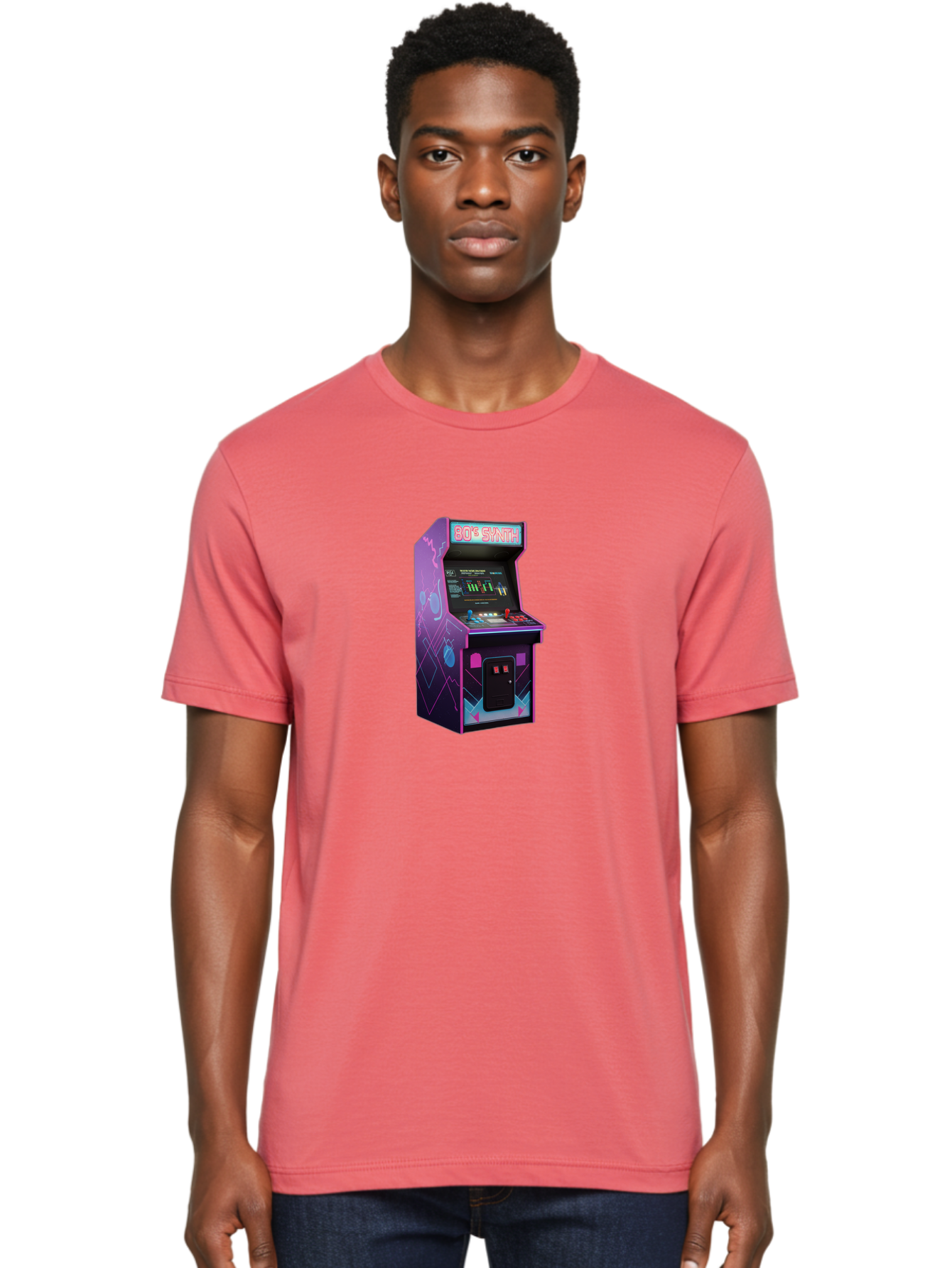 80-S-Synth-Arcade-Machine Men'S Graphic Tee, 100% Cotton, Comfortable Casual Summer Wear, Machine Washable, Retro Arcade Machine, Vintage Gaming, 80S Synth Music, Classic Video Games, Neon Lights, Pixel Art, Nostalgic Atmosphere, Baa115 24