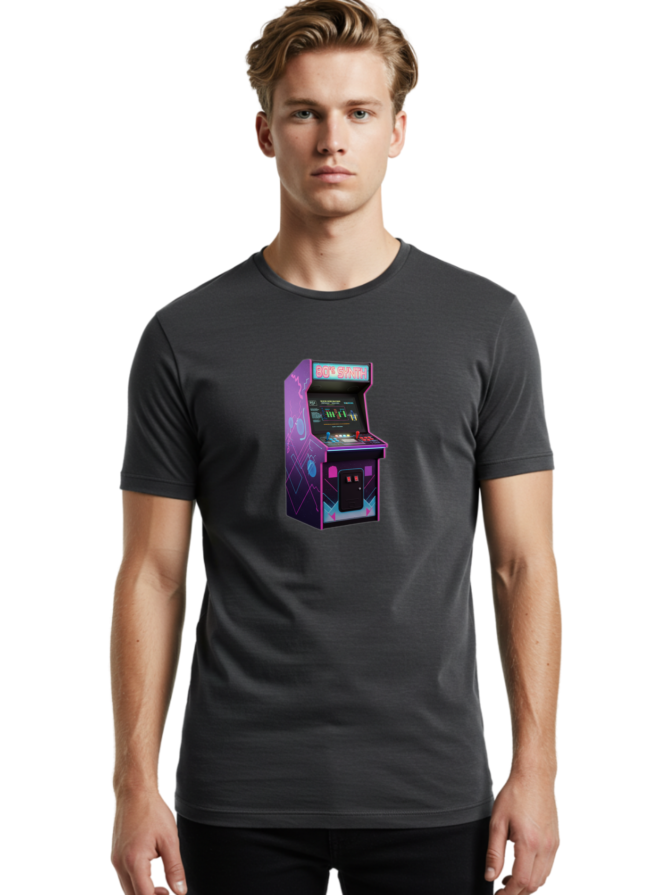 80-S-Synth-Arcade-Machine Men'S Graphic Tee, 100% Cotton, Comfortable Casual Summer Wear, Machine Washable, Retro Arcade Machine, Vintage Gaming, 80S Synth Music, Classic Video Games, Neon Lights, Pixel Art, Nostalgic Atmosphere, Baa115 20