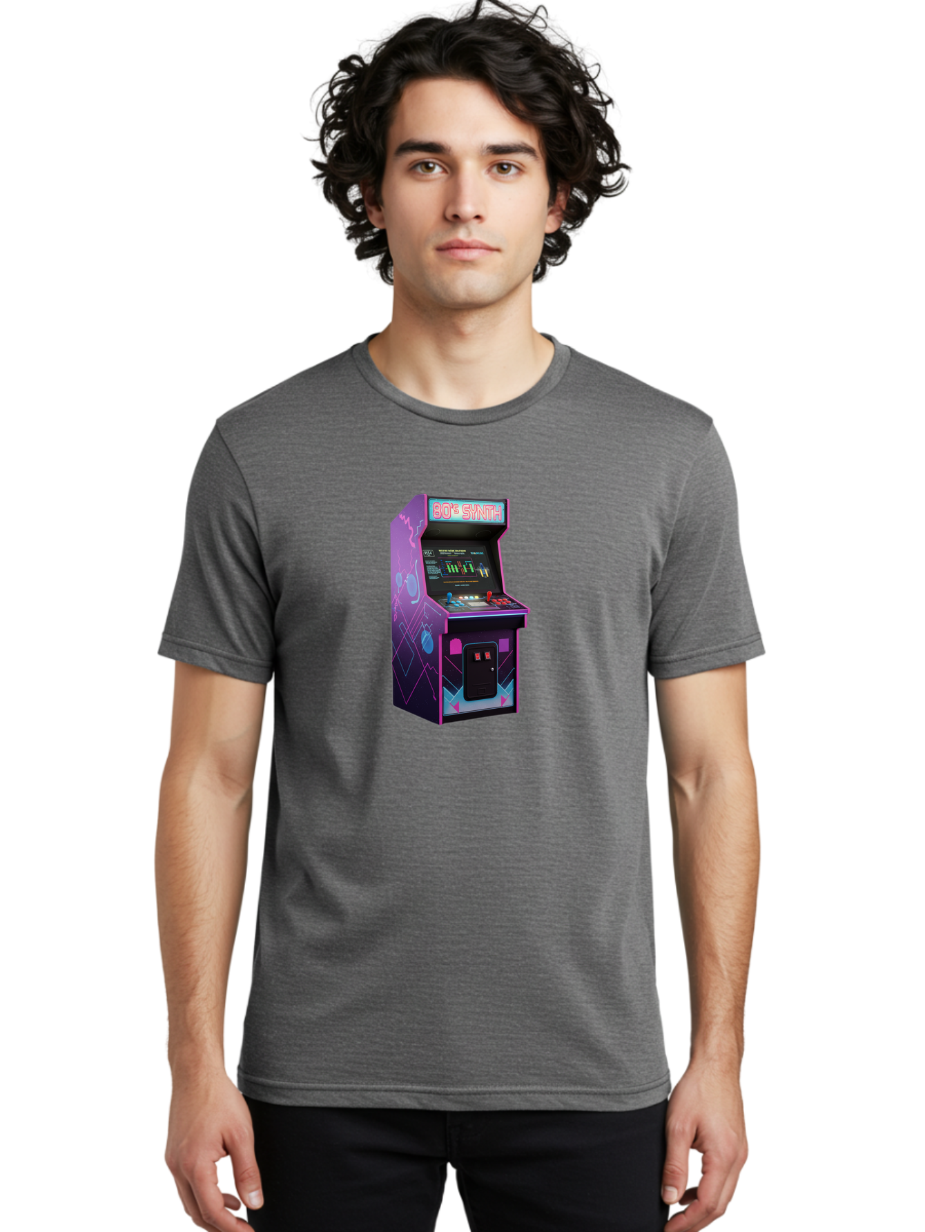 80-S-Synth-Arcade-Machine Men'S Graphic Tee, 100% Cotton, Comfortable Casual Summer Wear, Machine Washable, Retro Arcade Machine, Vintage Gaming, 80S Synth Music, Classic Video Games, Neon Lights, Pixel Art, Nostalgic Atmosphere, Baa115 16