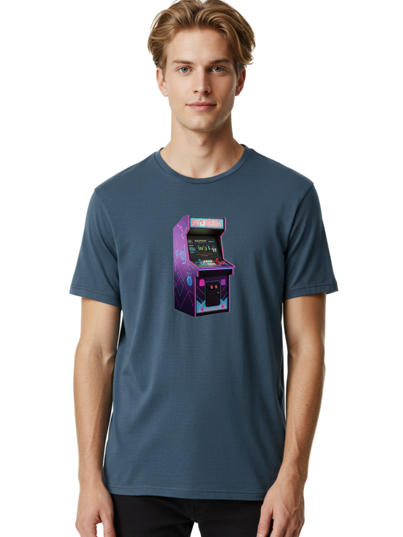 80-S-Synth-Arcade-Machine Men'S Graphic Tee, 100% Cotton, Comfortable Casual Summer Wear, Machine Washable, Retro Arcade Machine, Vintage Gaming, 80S Synth Music, Classic Video Games, Neon Lights, Pixel Art, Nostalgic Atmosphere, Baa115 18