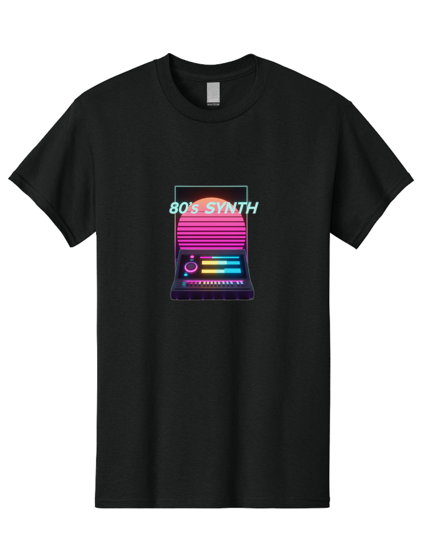 80-S-Synth Men'S Graphic Tee, 100% Cotton, Comfortable Casual Summer Wear, Machine Washable, Vintage Synthesizer, Retro 80S Aesthetic, Electronic Music Equipment, Pink And Orange Hues, Neon Lights, Colorful Sliders, Keyboard, Baa118 3