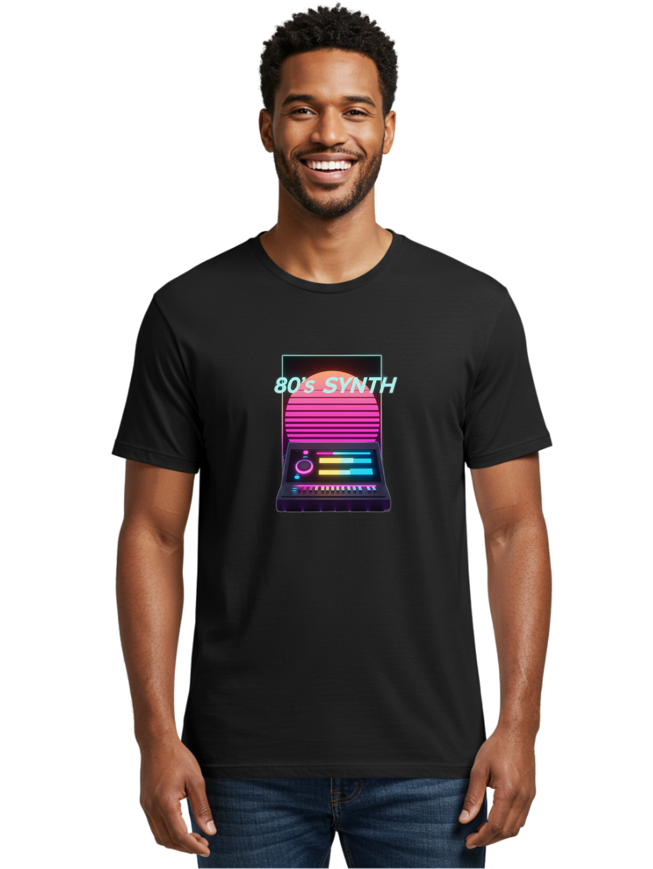 80-S-Synth Men'S Graphic Tee, 100% Cotton, Comfortable Casual Summer Wear, Machine Washable, Vintage Synthesizer, Retro 80S Aesthetic, Electronic Music Equipment, Pink And Orange Hues, Neon Lights, Colorful Sliders, Keyboard, Baa118 4