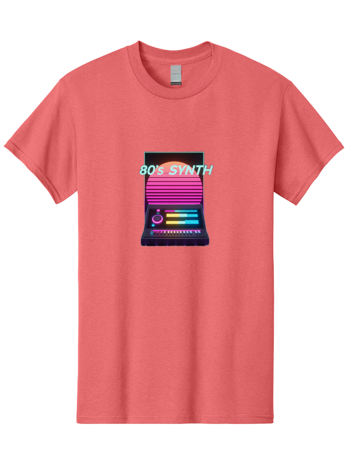 80-S-Synth Men'S Graphic Tee, 100% Cotton, Comfortable Casual Summer Wear, Machine Washable, Vintage Synthesizer, Retro 80S Aesthetic, Electronic Music Equipment, Pink And Orange Hues, Neon Lights, Colorful Sliders, Keyboard, Baa118 7