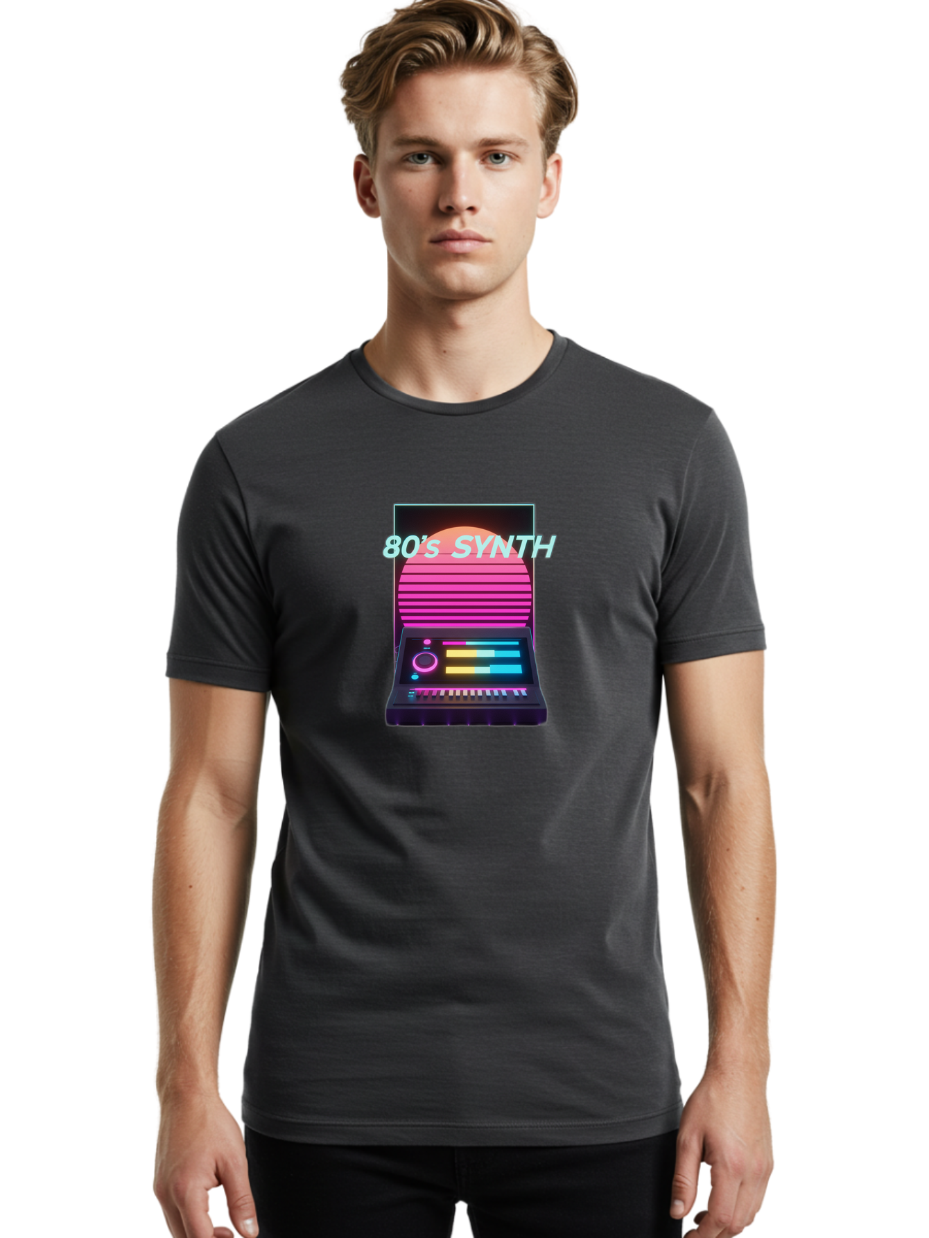 80-S-Synth Men'S Graphic Tee, 100% Cotton, Comfortable Casual Summer Wear, Machine Washable, Vintage Synthesizer, Retro 80S Aesthetic, Electronic Music Equipment, Pink And Orange Hues, Neon Lights, Colorful Sliders, Keyboard, Baa118 30