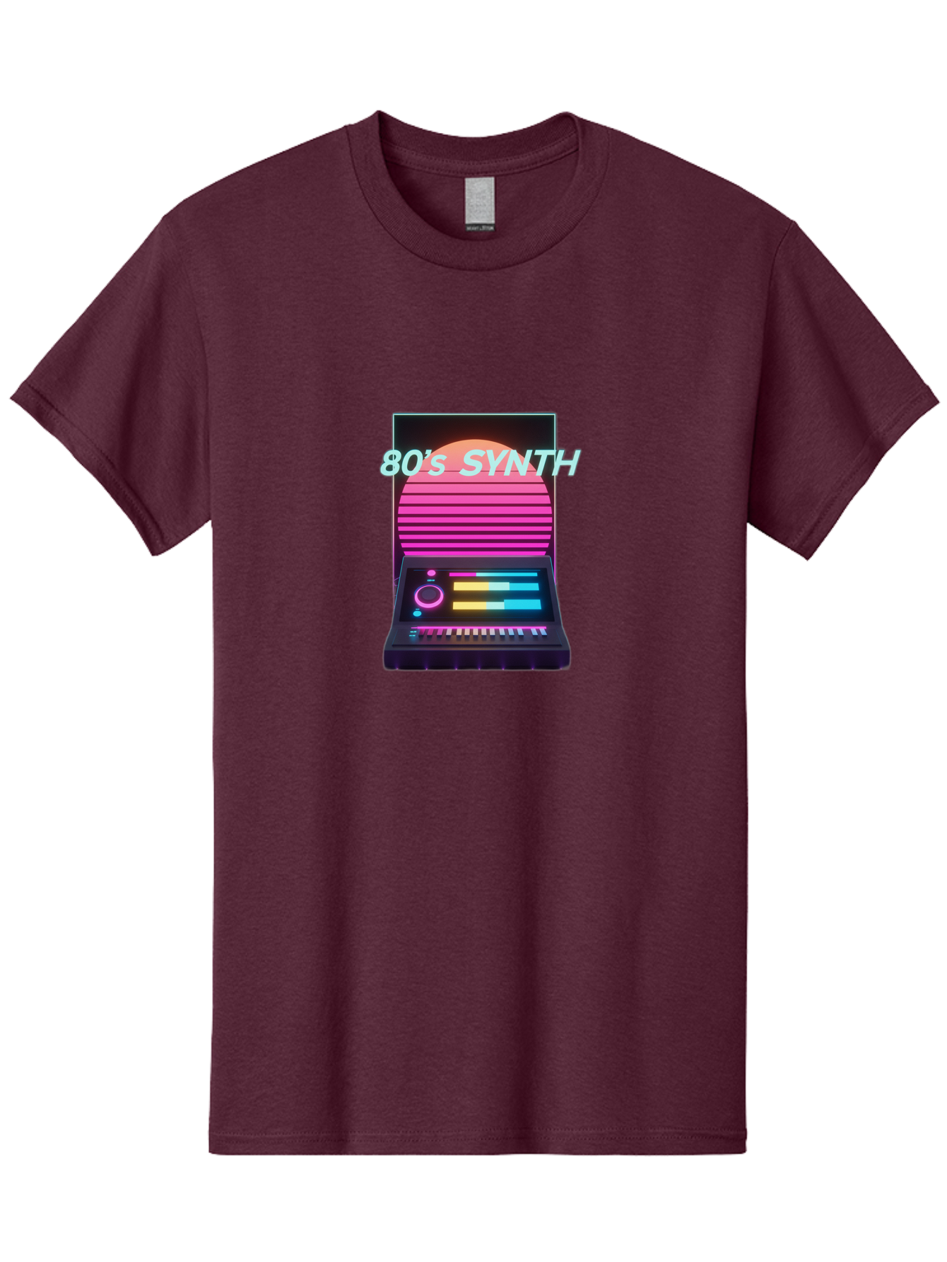 80-S-Synth Men'S Graphic Tee, 100% Cotton, Comfortable Casual Summer Wear, Machine Washable, Vintage Synthesizer, Retro 80S Aesthetic, Electronic Music Equipment, Pink And Orange Hues, Neon Lights, Colorful Sliders, Keyboard, Baa118 13