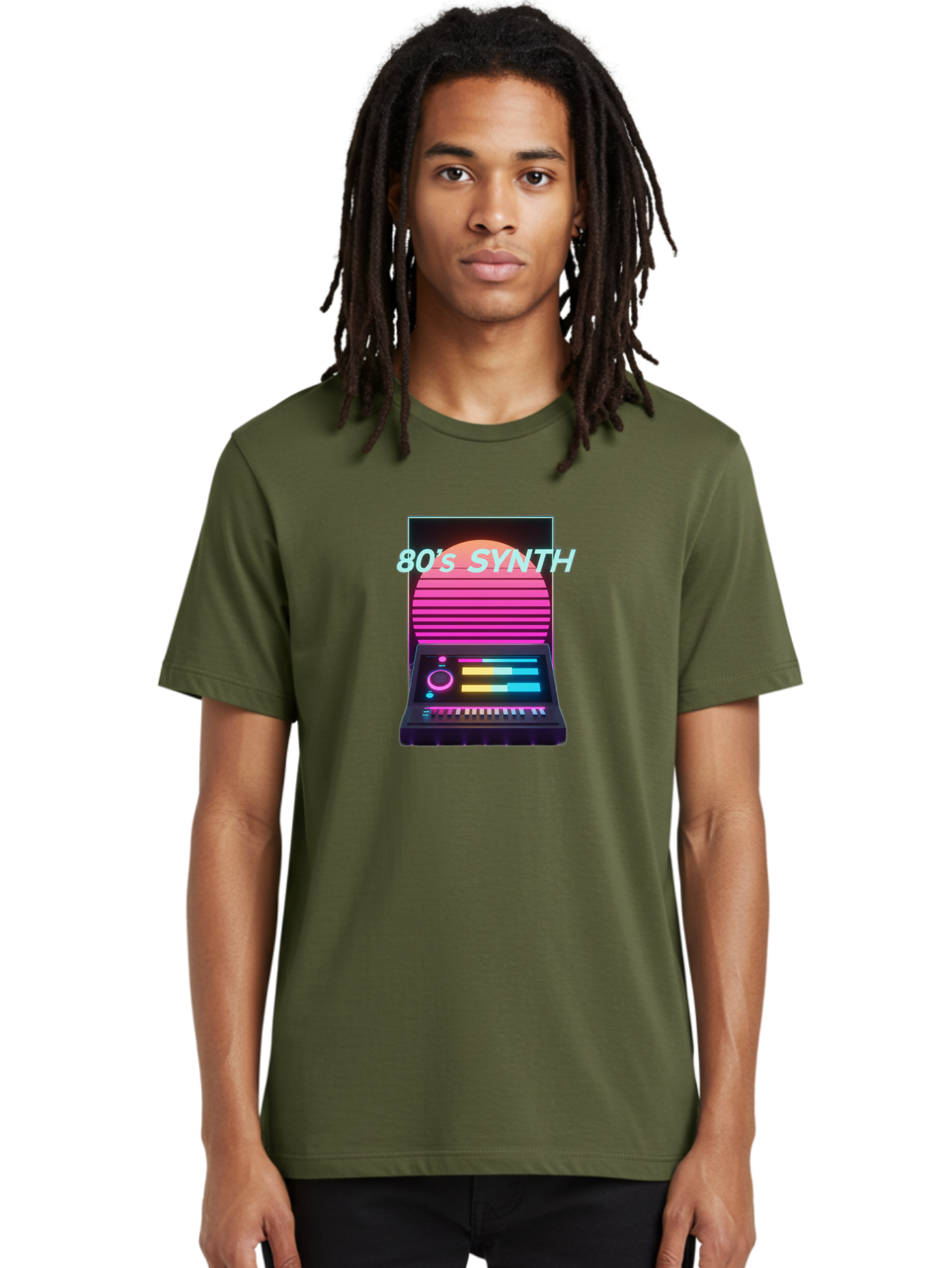 80-S-Synth Men'S Graphic Tee, 100% Cotton, Comfortable Casual Summer Wear, Machine Washable, Vintage Synthesizer, Retro 80S Aesthetic, Electronic Music Equipment, Pink And Orange Hues, Neon Lights, Colorful Sliders, Keyboard, Baa118 26