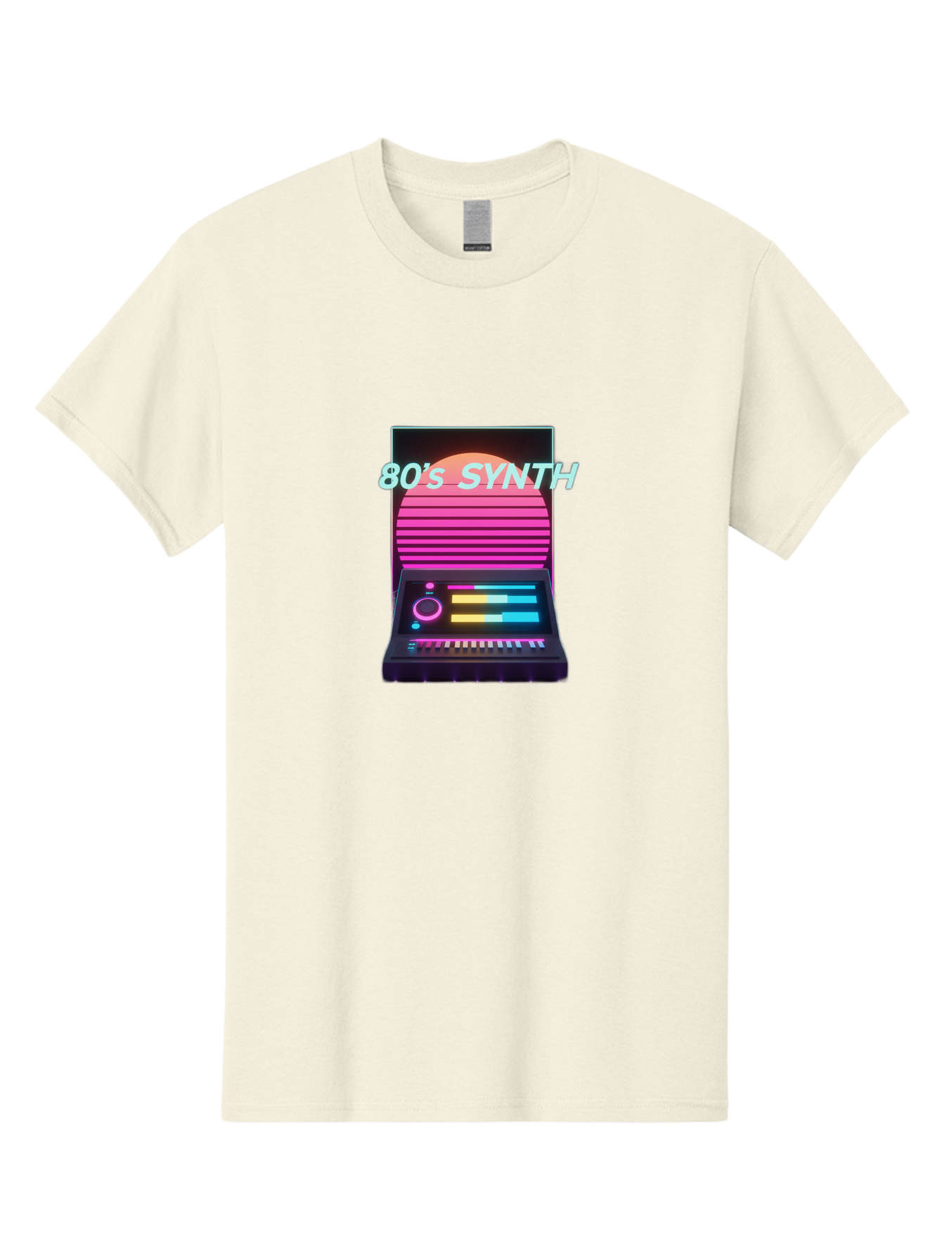 80-S-Synth Men'S Graphic Tee, 100% Cotton, Comfortable Casual Summer Wear, Machine Washable, Vintage Synthesizer, Retro 80S Aesthetic, Electronic Music Equipment, Pink And Orange Hues, Neon Lights, Colorful Sliders, Keyboard, Baa118 21