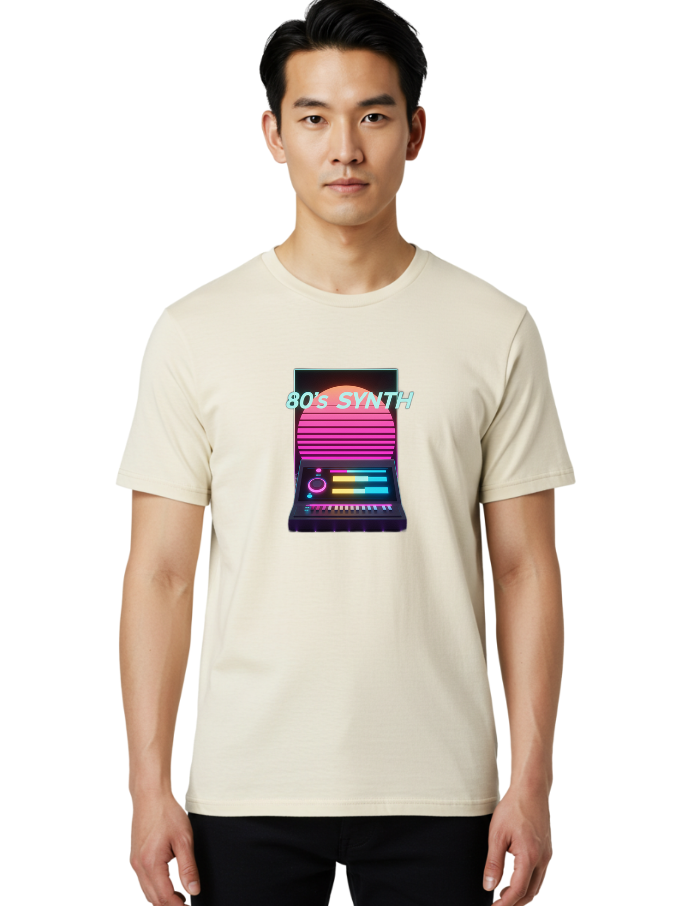 80-S-Synth Men'S Graphic Tee, 100% Cotton, Comfortable Casual Summer Wear, Machine Washable, Vintage Synthesizer, Retro 80S Aesthetic, Electronic Music Equipment, Pink And Orange Hues, Neon Lights, Colorful Sliders, Keyboard, Baa118 22