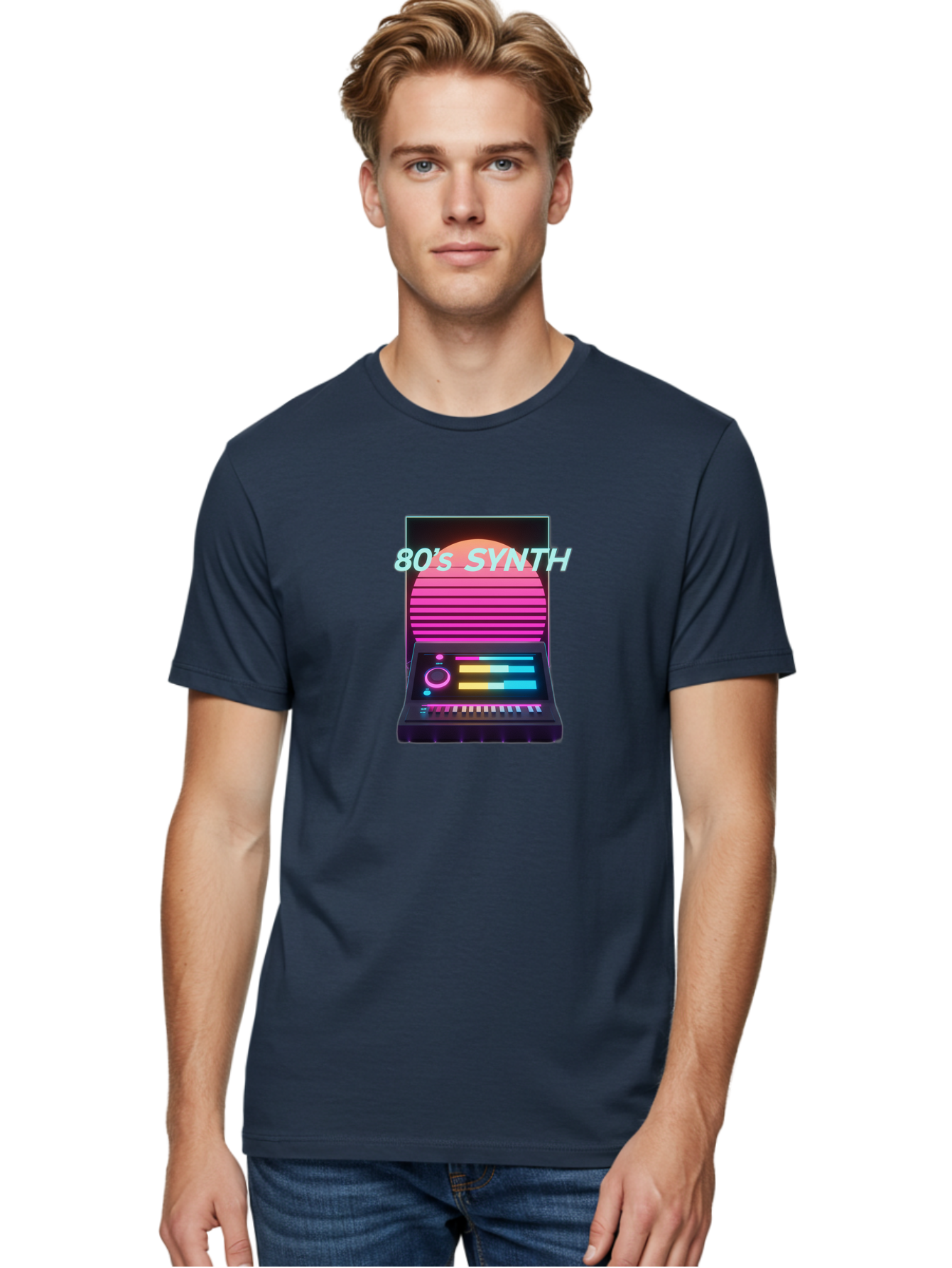 80-S-Synth Men'S Graphic Tee, 100% Cotton, Comfortable Casual Summer Wear, Machine Washable, Vintage Synthesizer, Retro 80S Aesthetic, Electronic Music Equipment, Pink And Orange Hues, Neon Lights, Colorful Sliders, Keyboard, Baa118 2