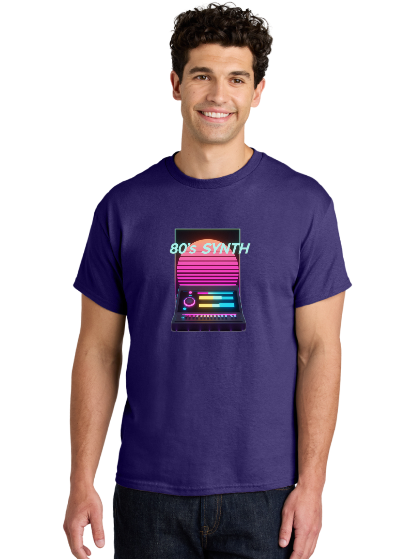 80-S-Synth Men'S Graphic Tee, 100% Cotton, Comfortable Casual Summer Wear, Machine Washable, Vintage Synthesizer, Retro 80S Aesthetic, Electronic Music Equipment, Pink And Orange Hues, Neon Lights, Colorful Sliders, Keyboard, Baa118 6