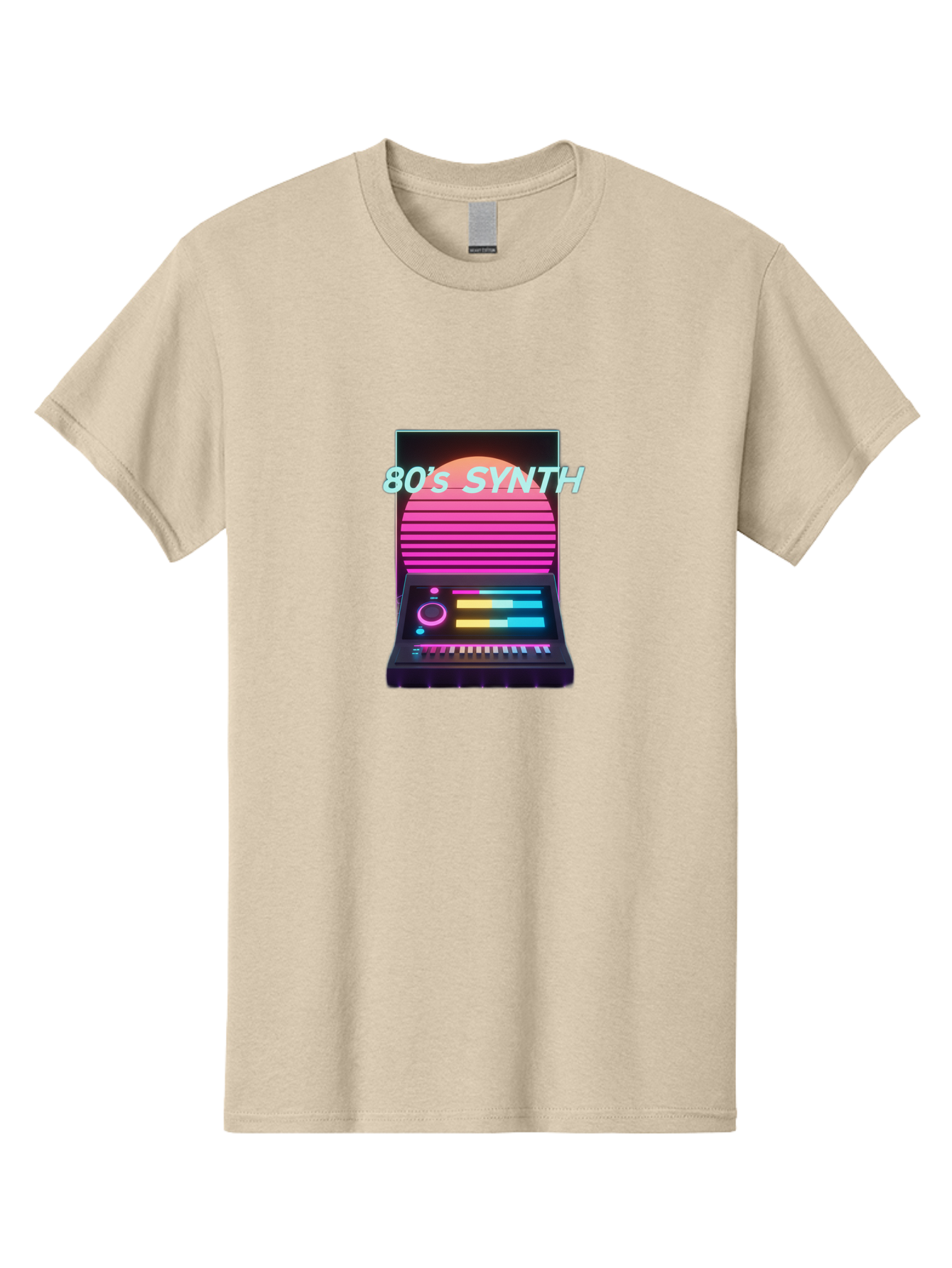 80-S-Synth Men'S Graphic Tee, 100% Cotton, Comfortable Casual Summer Wear, Machine Washable, Vintage Synthesizer, Retro 80S Aesthetic, Electronic Music Equipment, Pink And Orange Hues, Neon Lights, Colorful Sliders, Keyboard, Baa118 15