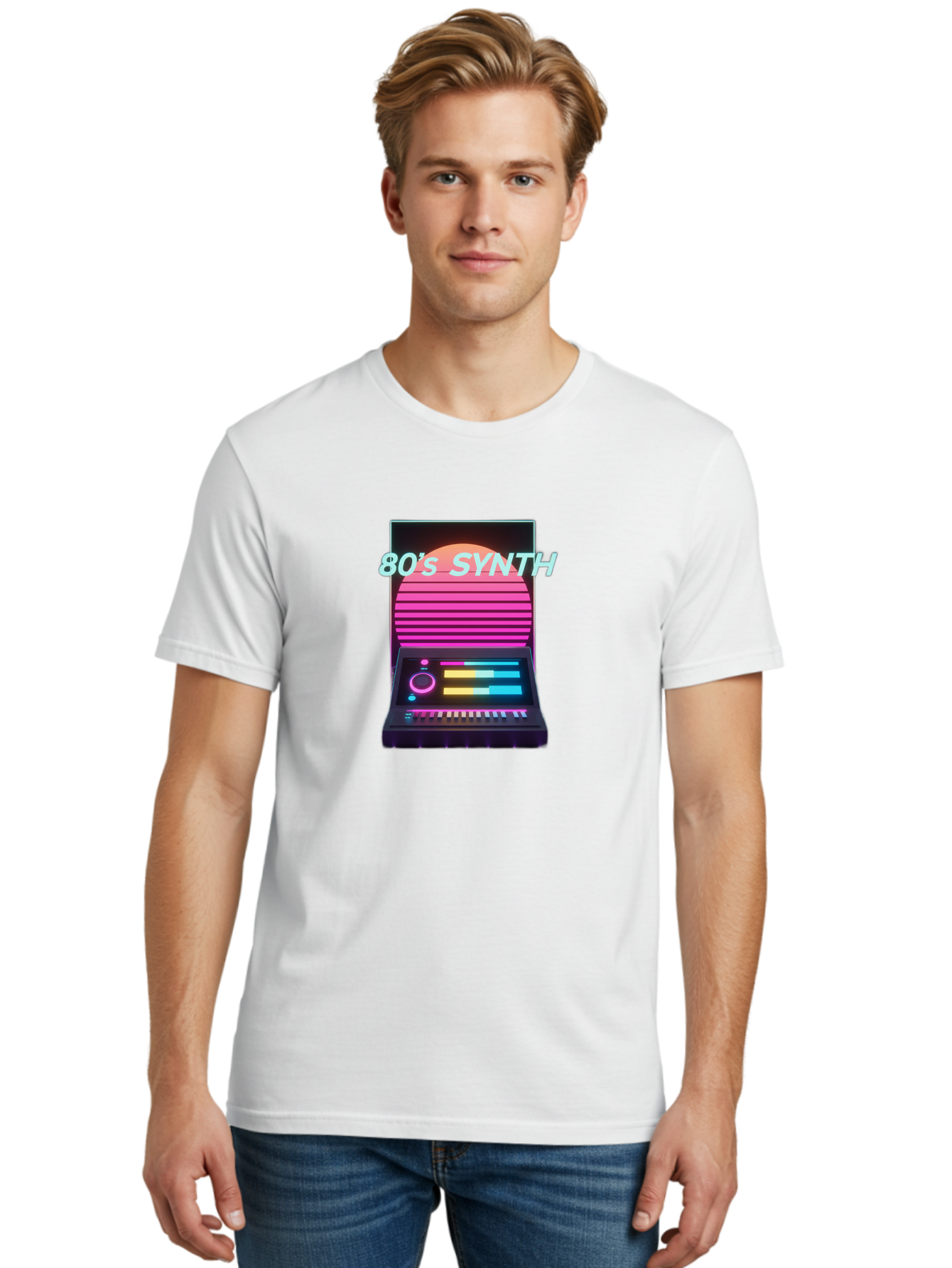 80-S-Synth Men'S Graphic Tee, 100% Cotton, Comfortable Casual Summer Wear, Machine Washable, Vintage Synthesizer, Retro 80S Aesthetic, Electronic Music Equipment, Pink And Orange Hues, Neon Lights, Colorful Sliders, Keyboard, Baa118 28