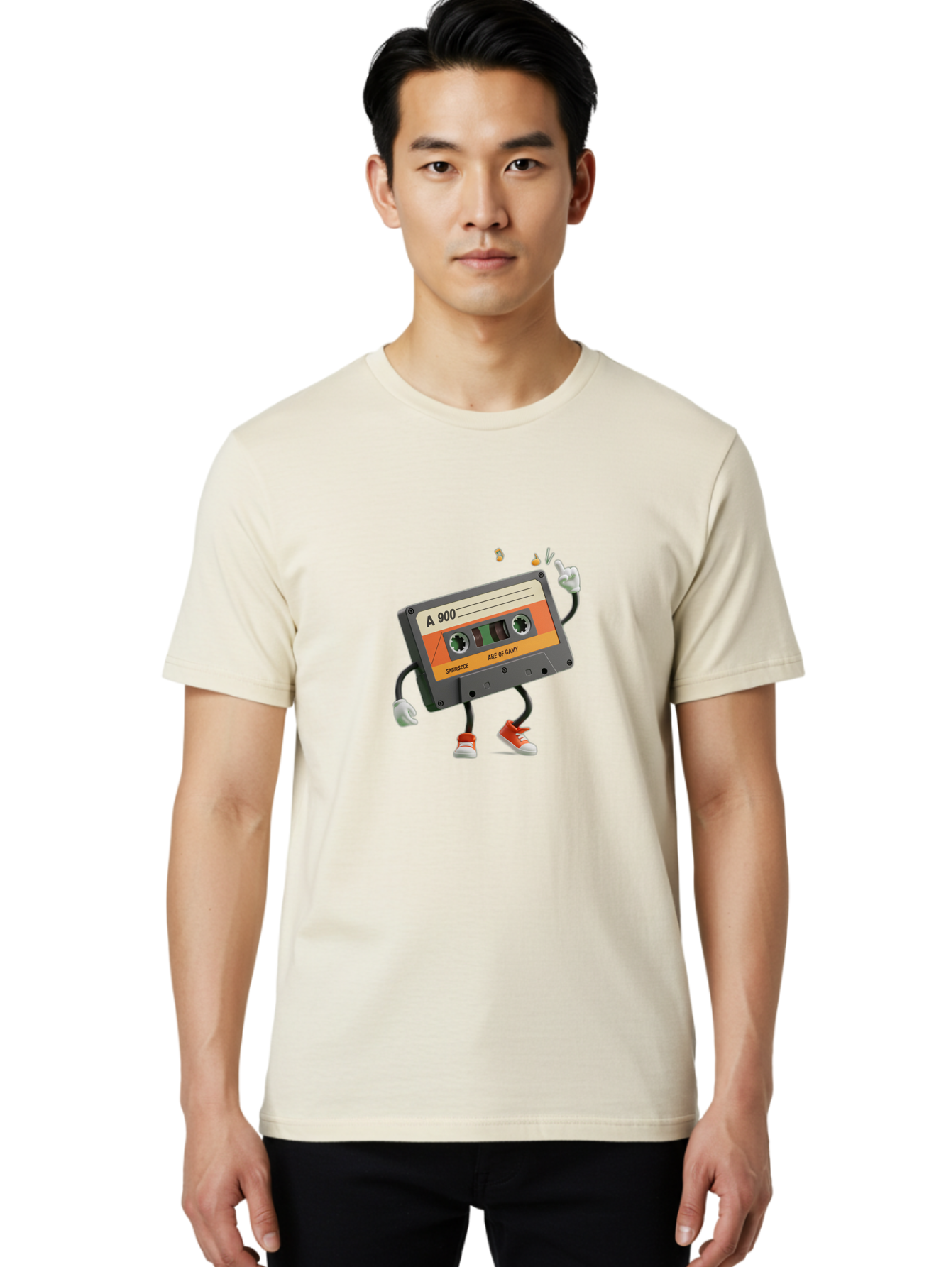 A-900 Men'S Graphic Tee, 100% Cotton, Comfortable Casual Summer Wear, Machine Washable, Retro Cassette Mixtape, A 900, Vintage Music, Age Of Saint, Nostalgic Vibes, Funky Character, Orange And Grey, Red Shoes, Thumbs Up, Baa122 26