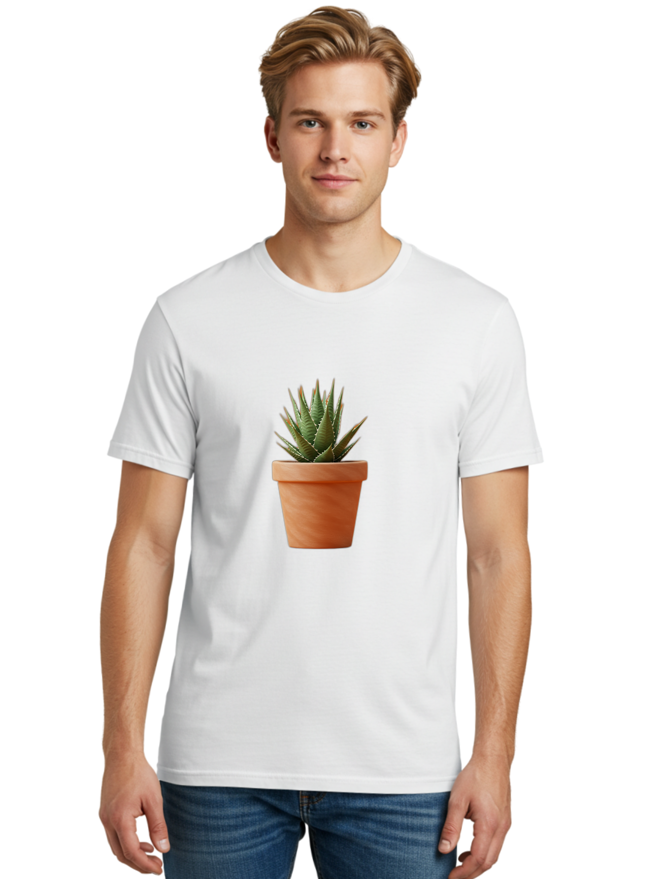 Agave-In-Terracotta-Pot Men'S Graphic Tee, 100% Cotton, Comfortable Casual Summer Wear, Machine Washable, Aloe Vera In Terracotta Pot, Succulent Plant, Indoor Decor, Minimalist Design, Low Maintenance, Green Leaves, Spiky Texture, Home Decor Baa124 26