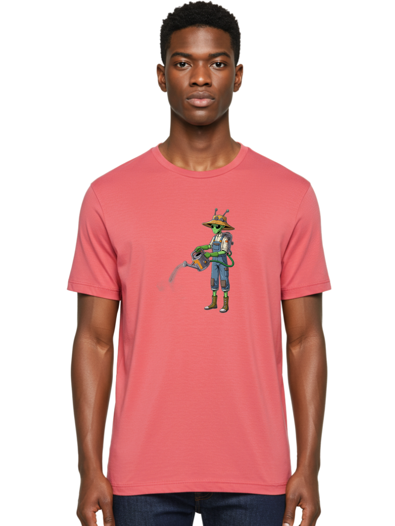Alien-Gardener Men'S Graphic Tee, 100% Cotton, Comfortable Casual Summer Wear, Machine Washable, Alien Gardener, Watering Can, Gardening Tools, Green Skin, Futuristic Gardening, Cartoon Character, Science Fiction, Gardening Gloves, Overalls, Baa127 21