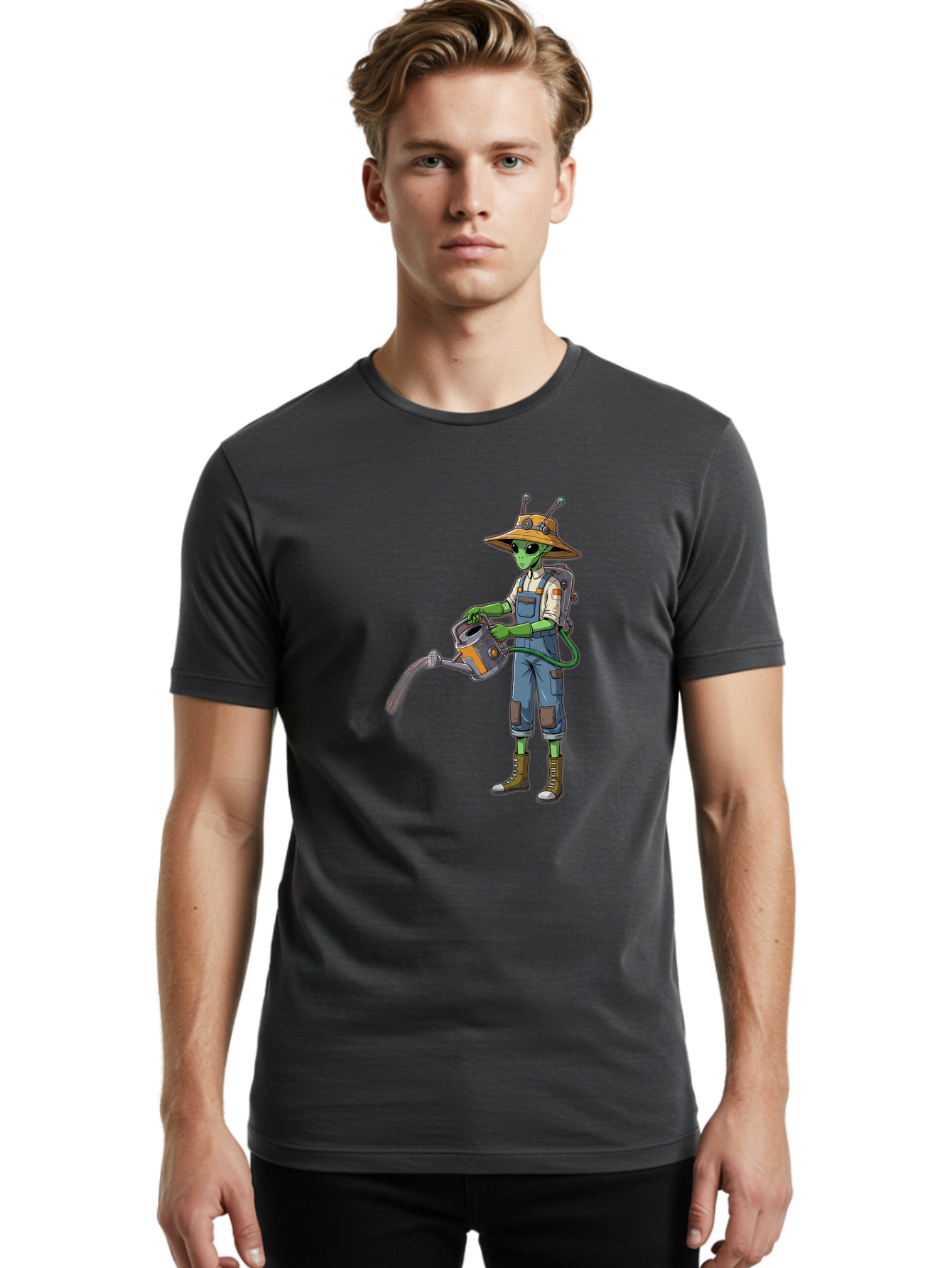 Alien-Gardener Men'S Graphic Tee, 100% Cotton, Comfortable Casual Summer Wear, Machine Washable, Alien Gardener, Watering Can, Gardening Tools, Green Skin, Futuristic Gardening, Cartoon Character, Science Fiction, Gardening Gloves, Overalls, Baa127 24