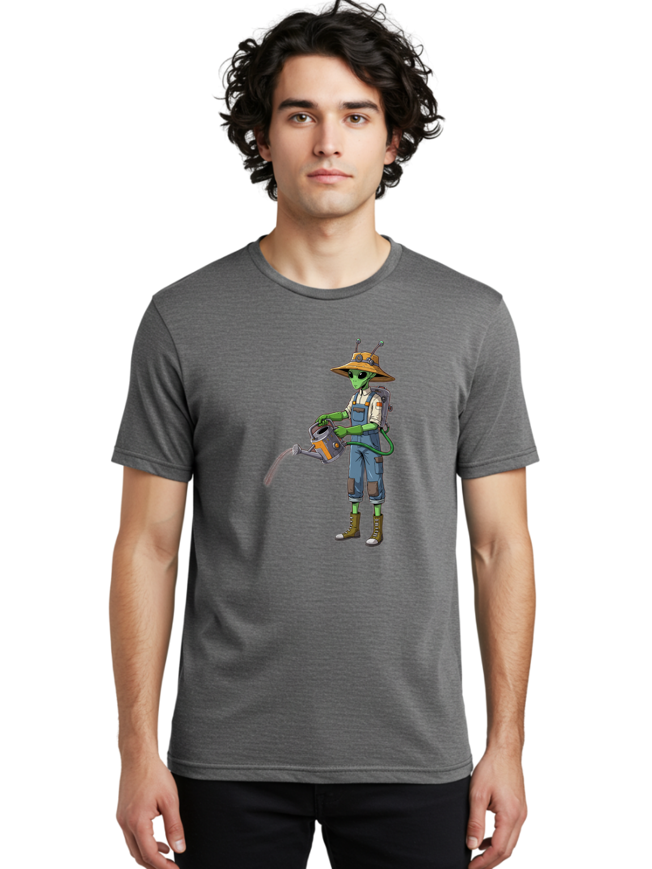 Alien-Gardener Men'S Graphic Tee, 100% Cotton, Comfortable Casual Summer Wear, Machine Washable, Alien Gardener, Watering Can, Gardening Tools, Green Skin, Futuristic Gardening, Cartoon Character, Science Fiction, Gardening Gloves, Overalls, Baa127 29