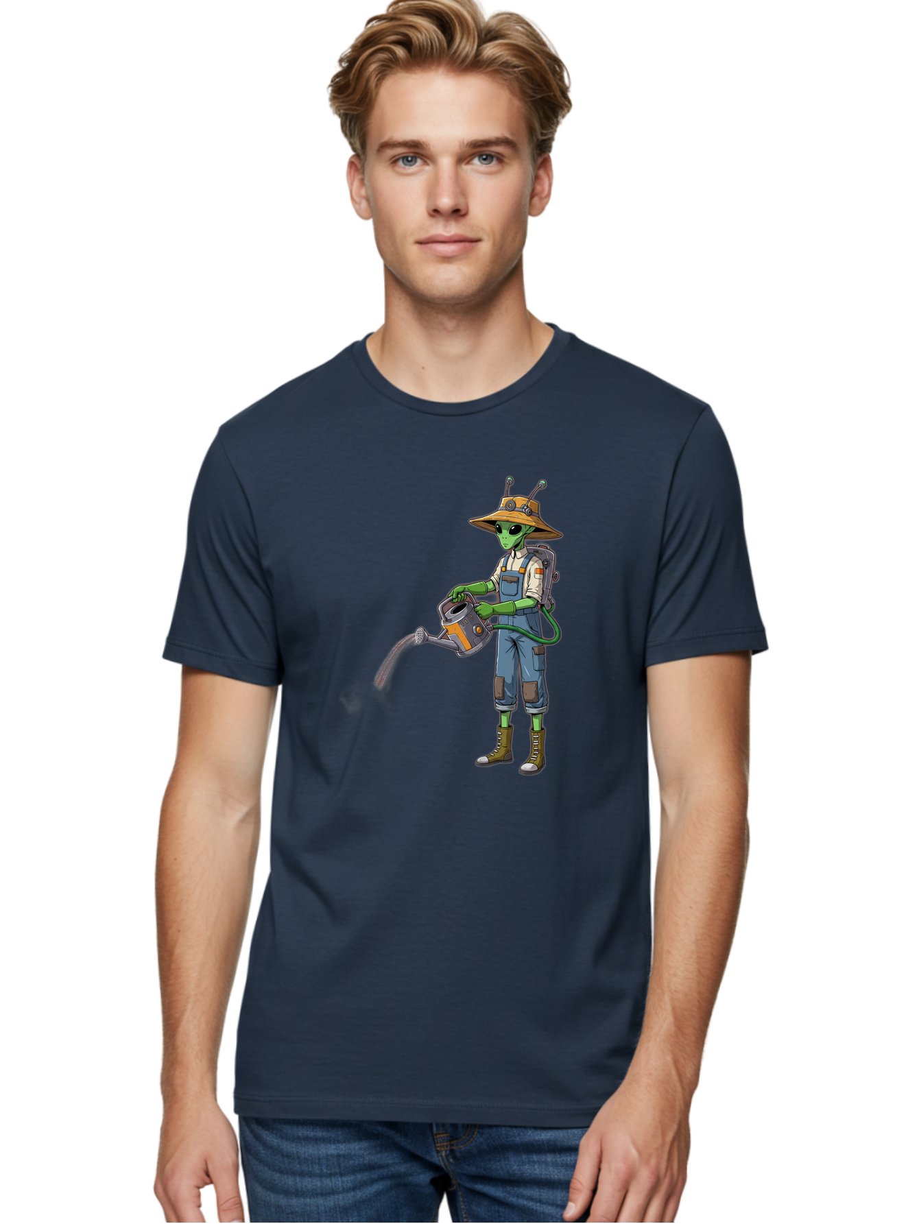 Alien-Gardener Men'S Graphic Tee, 100% Cotton, Comfortable Casual Summer Wear, Machine Washable, Alien Gardener, Watering Can, Gardening Tools, Green Skin, Futuristic Gardening, Cartoon Character, Science Fiction, Gardening Gloves, Overalls, Baa127 30